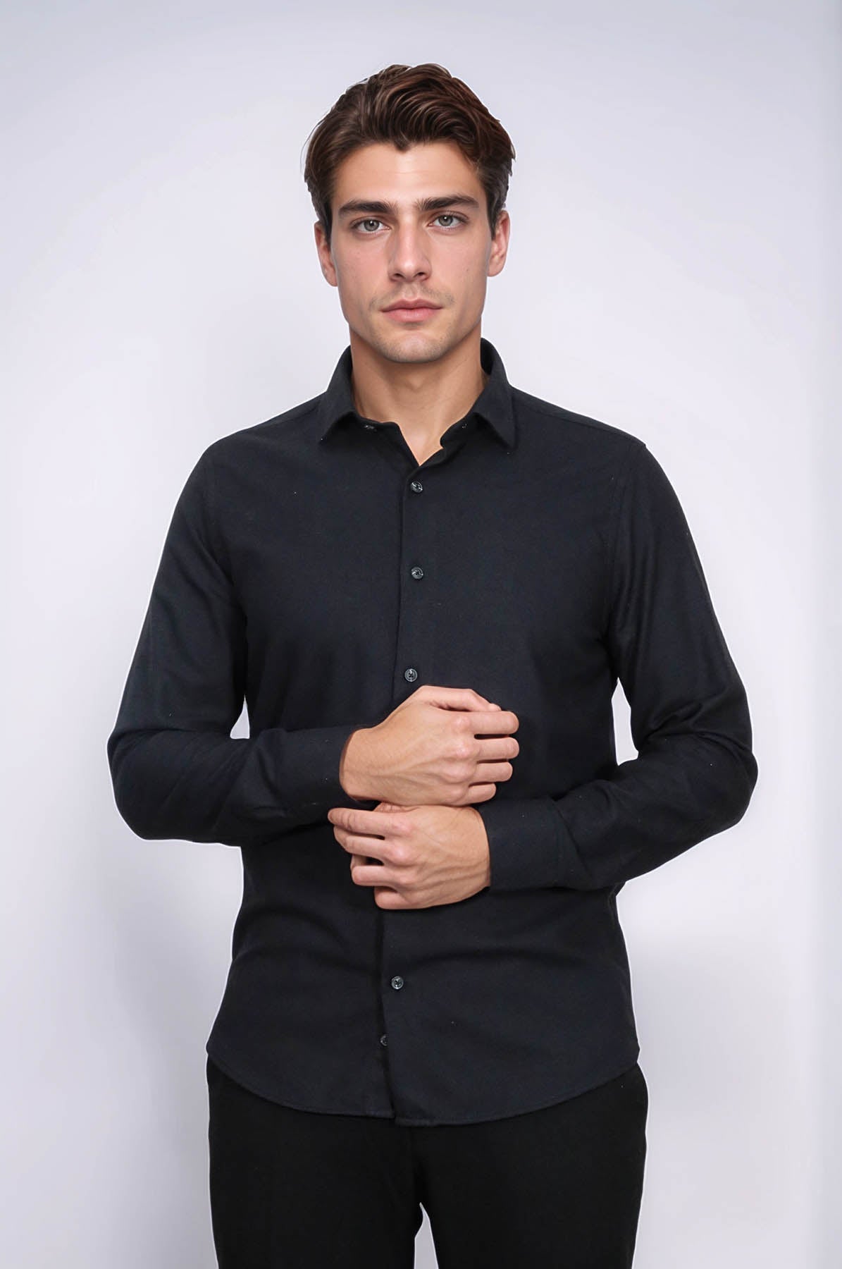 Plain Slim Fit Black Men Lumberjack Shirt - Wessi