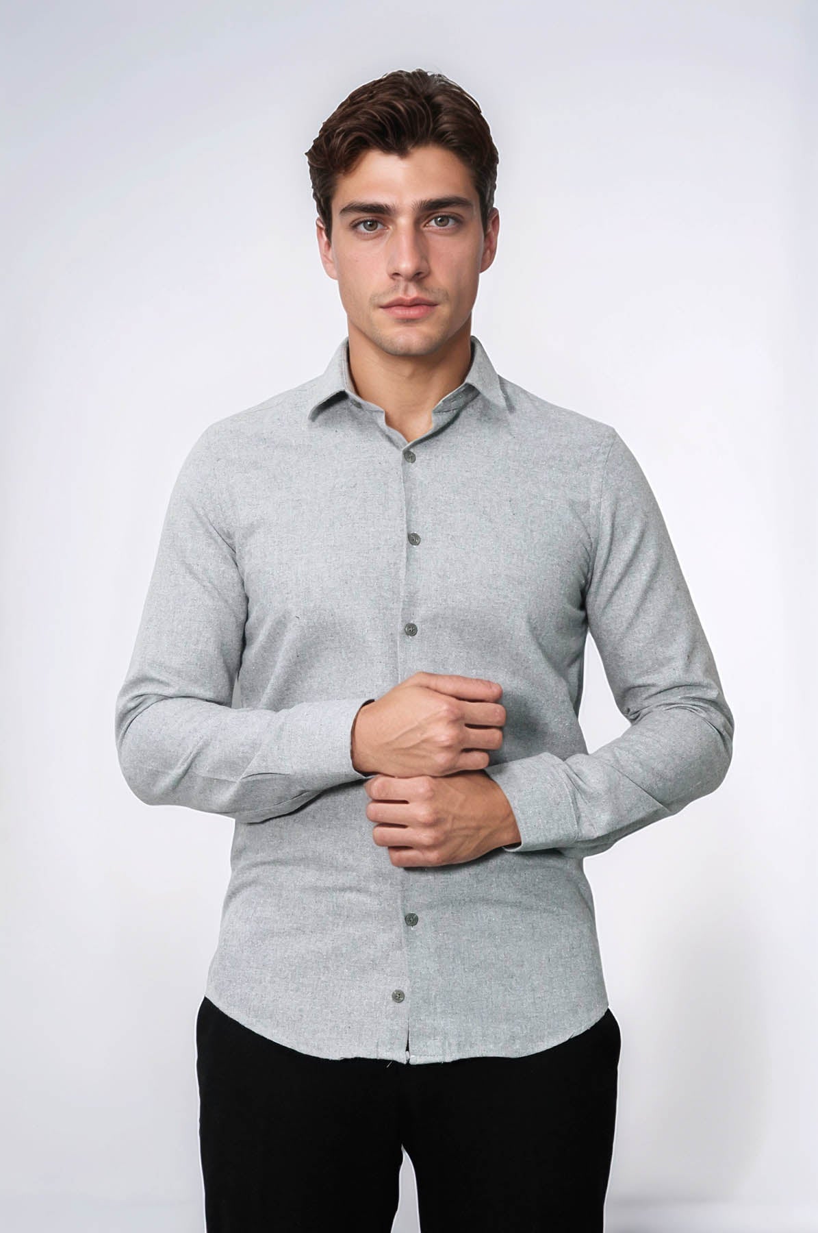 Slim Fit Plain Light Grey Men Lumberjack Shirt - Wessi