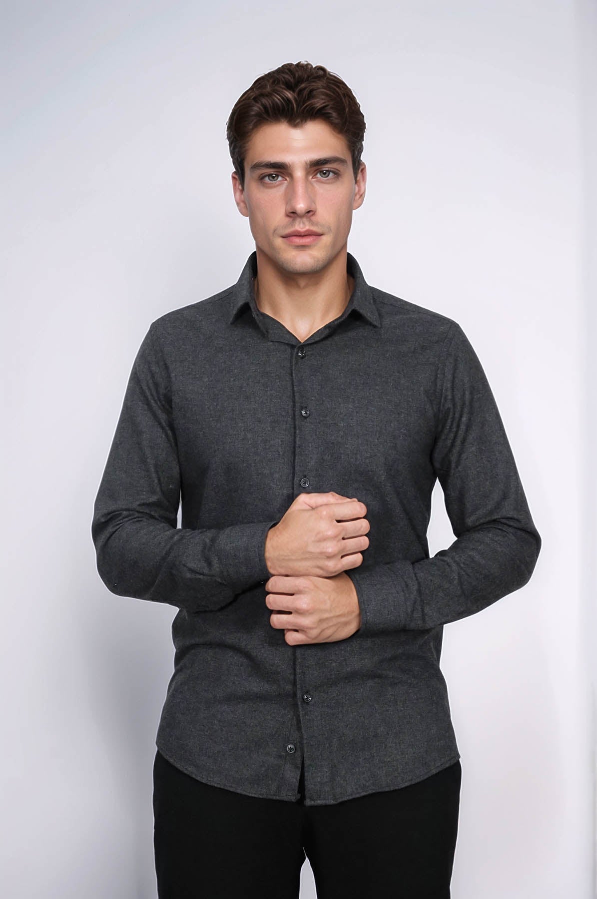 Slim Fit Plain Dark Grey Men Lumberjack Shirt