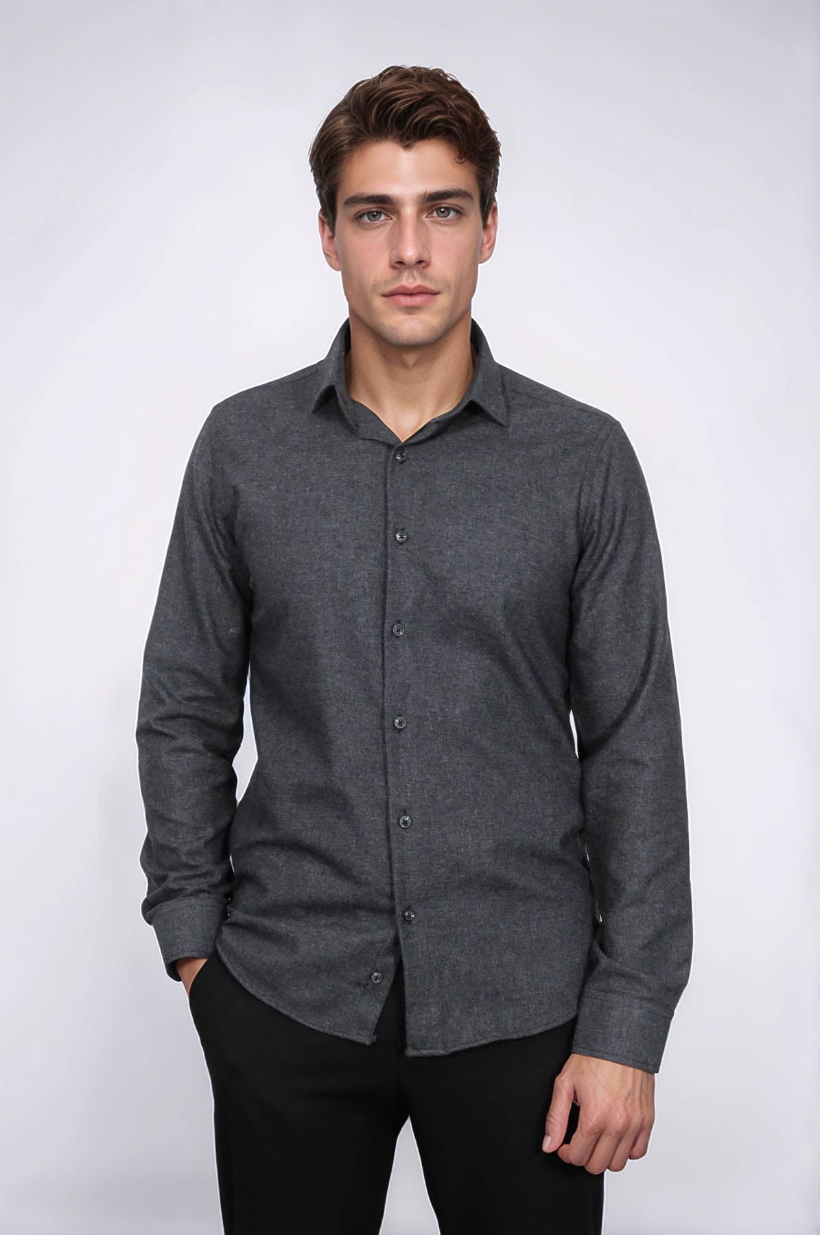 Slim Fit Plain Dark Grey Men Lumberjack Shirt