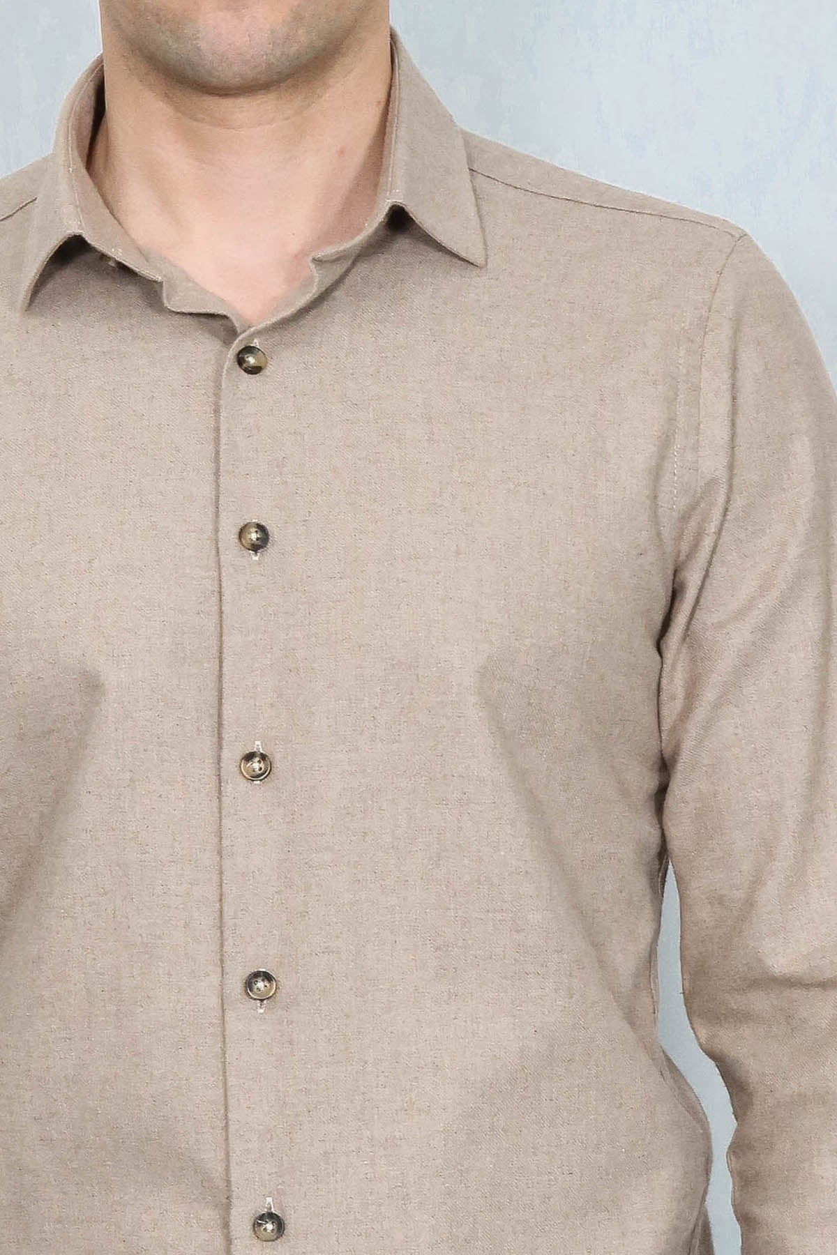 Slim Fit Cotton Plain Beige Men Lumberjack Shirt - Wessi
