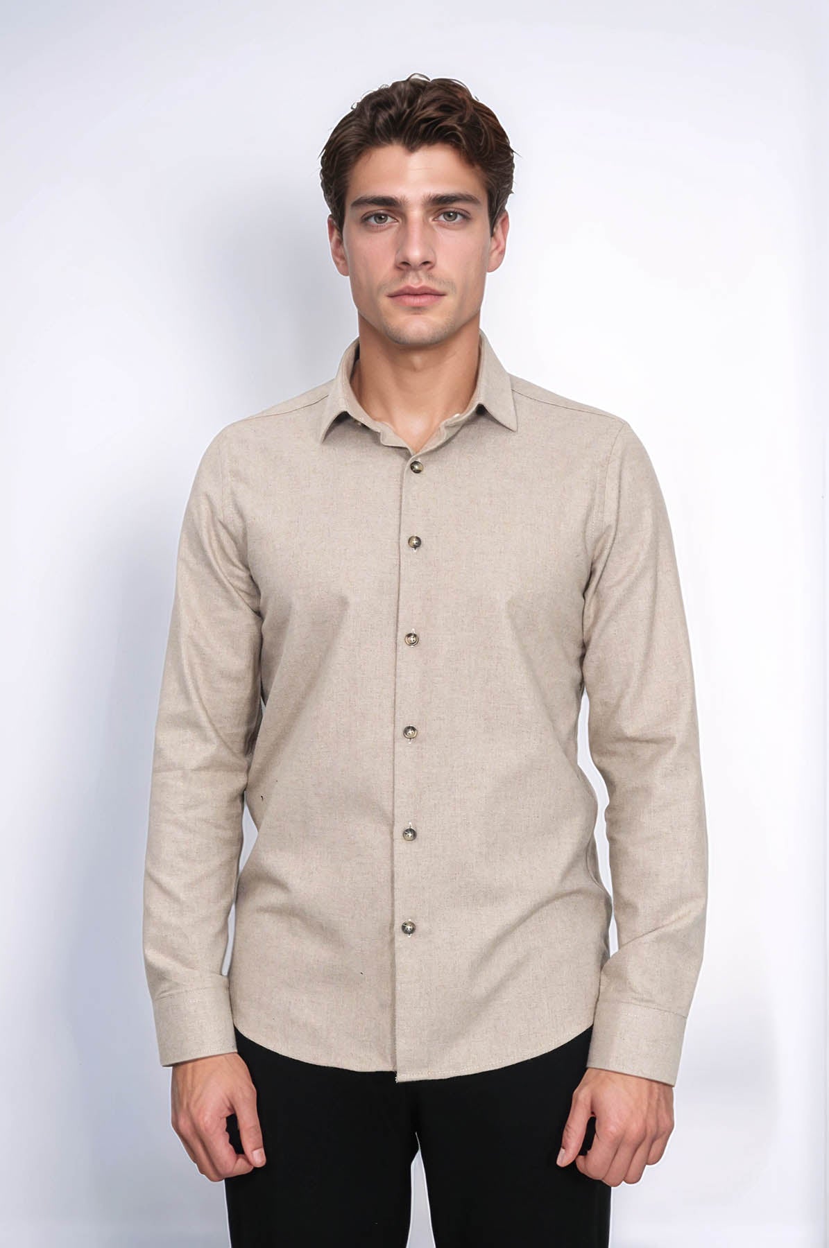 Slim Fit Cotton Plain Beige Men Lumberjack Shirt - Wessi