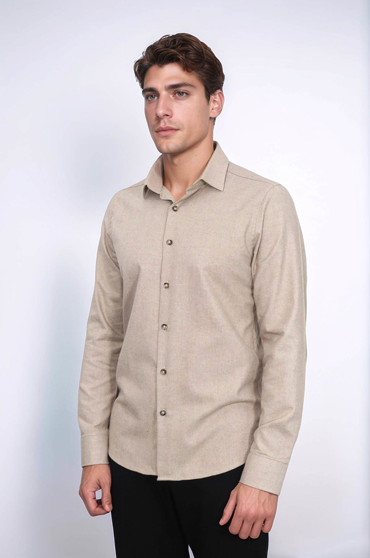 Slim Fit Cotton Plain Beige Men Lumberjack Shirt - Wessi