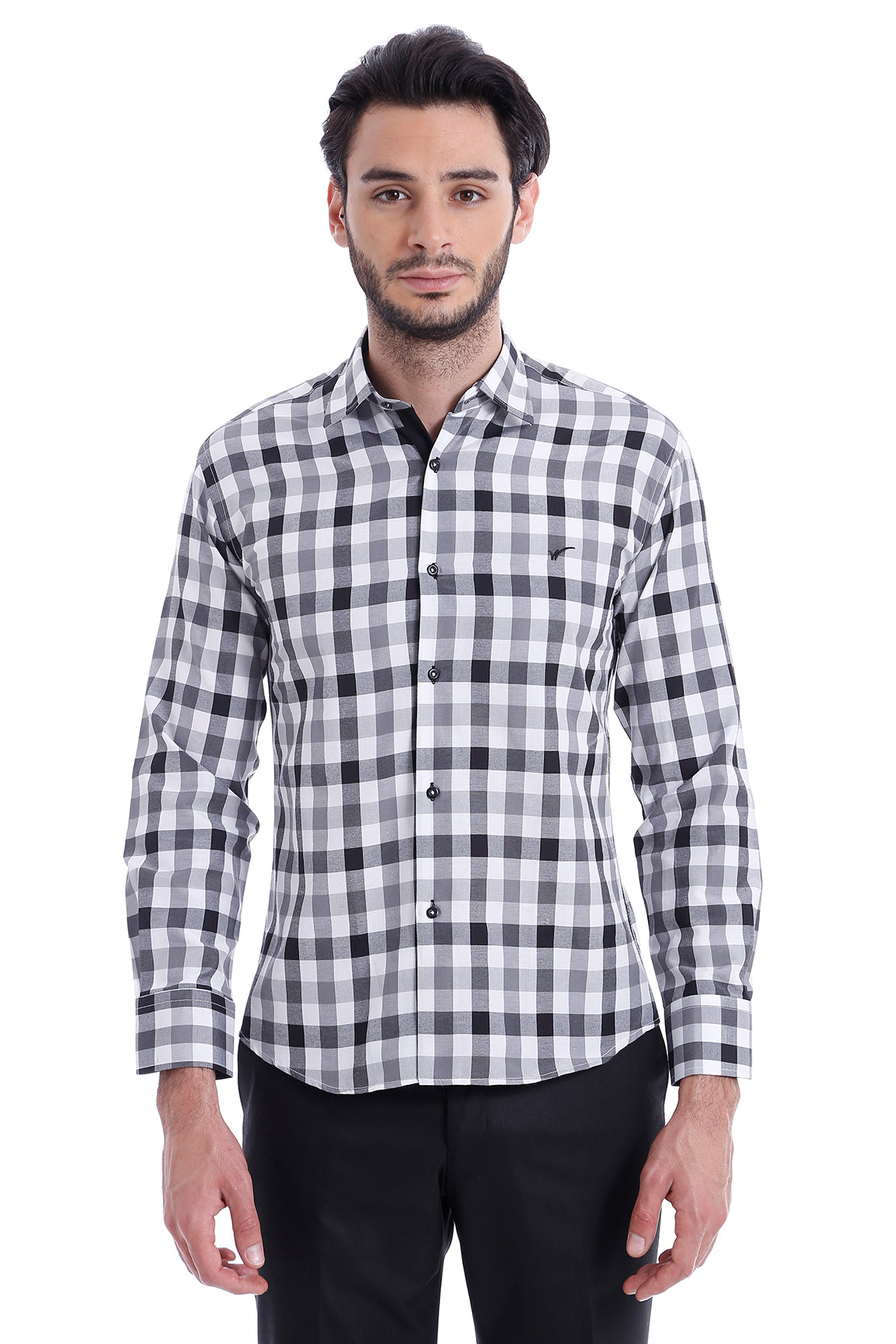 Slim Fit Plaid Patterned Grey Shirt