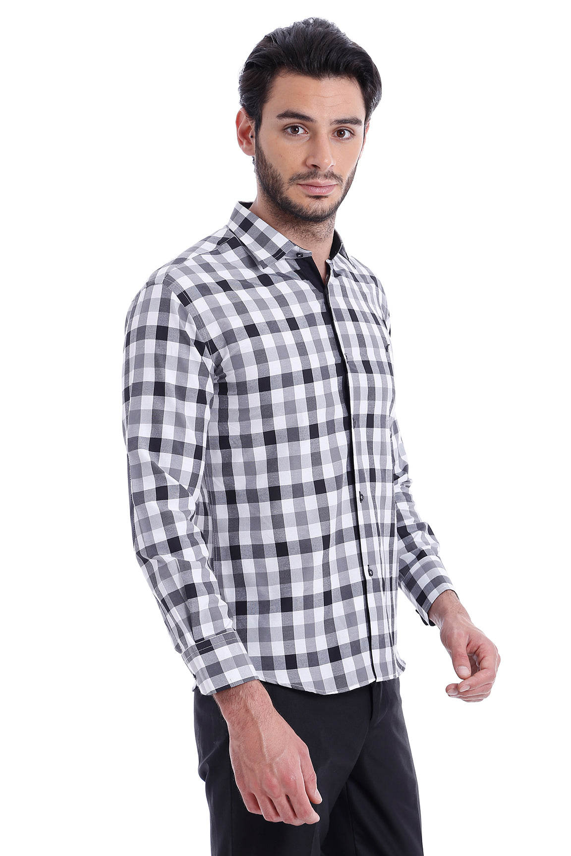 Slim Fit Plaid Patterned Grey Shirt