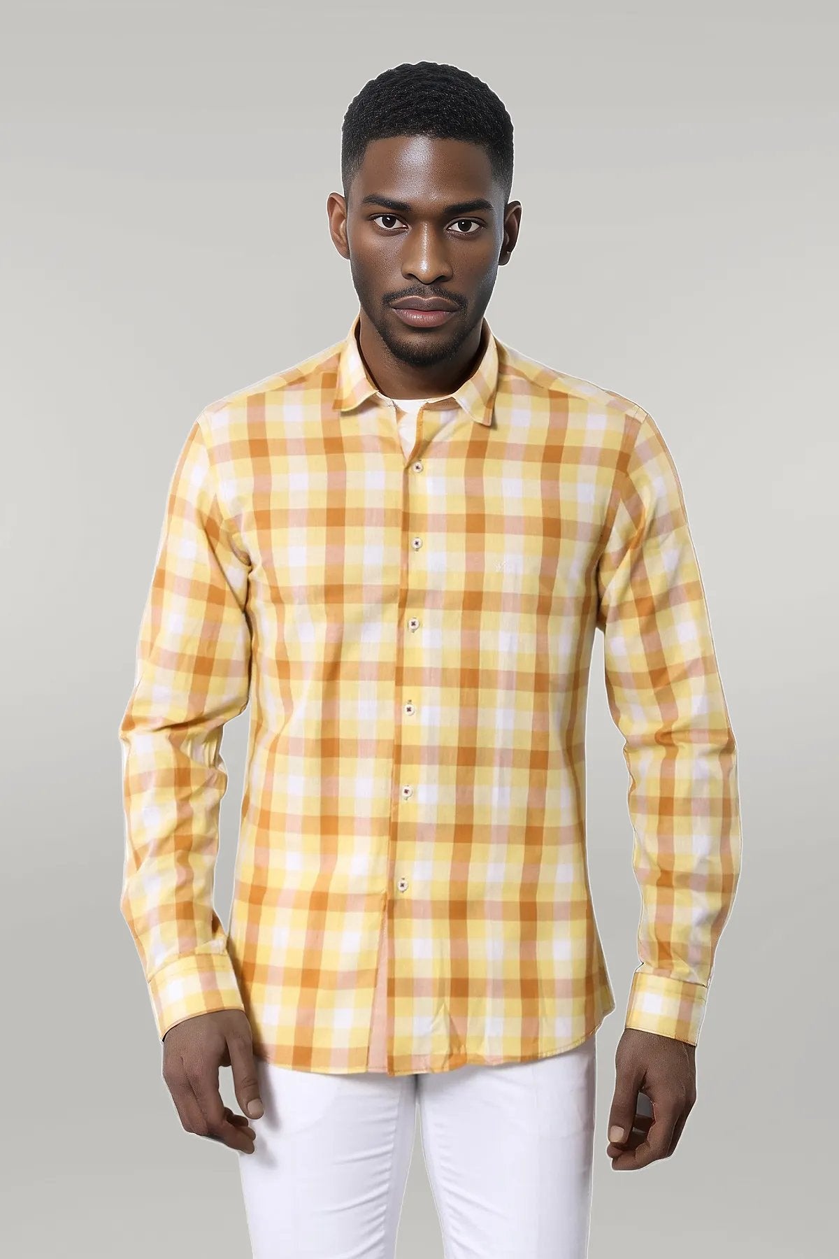Slim Fit Plaid Patterned Yellow Shirt