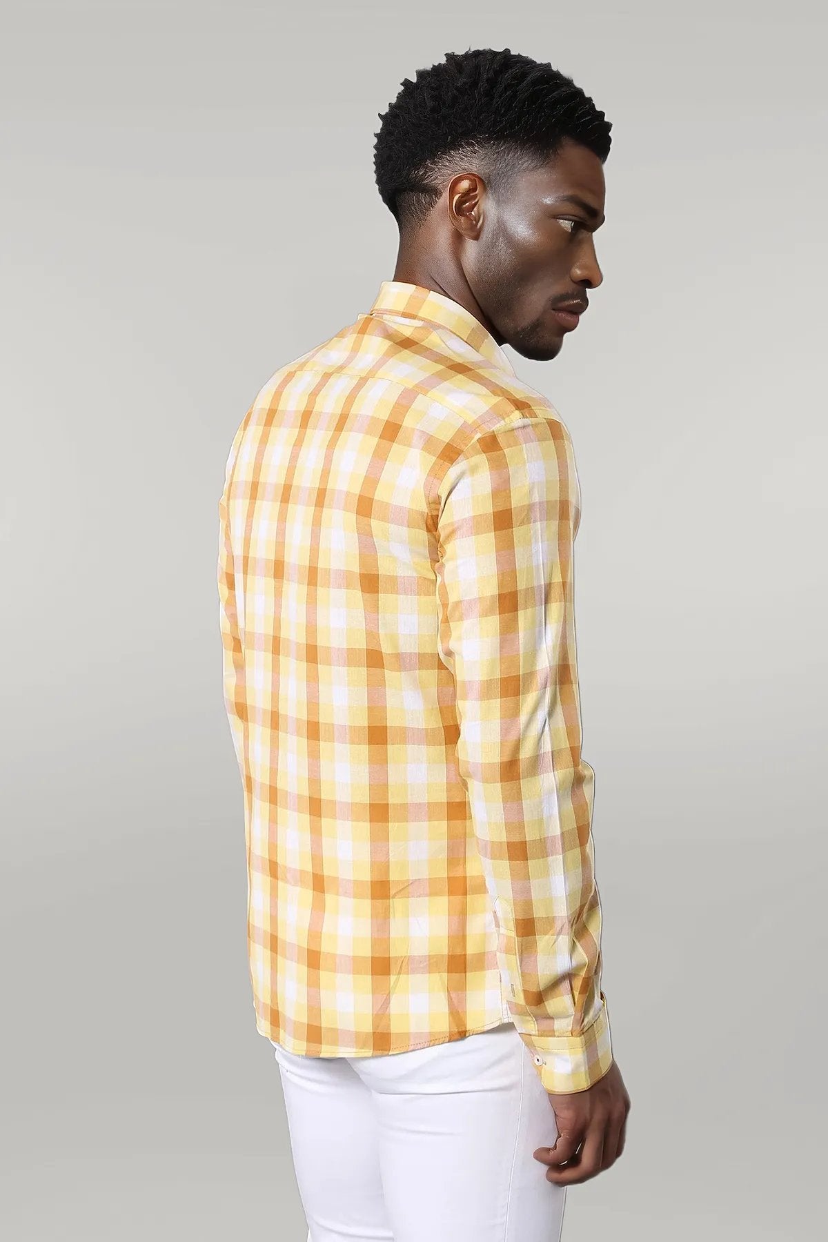 Slim Fit Plaid Patterned Yellow Shirt