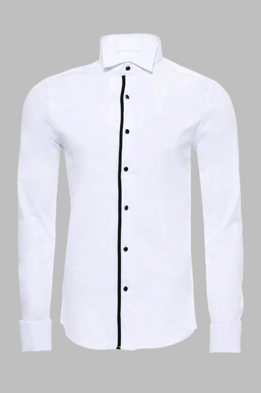 Black Buttoned Long Sleeves White Men Tuxedo Shirt -