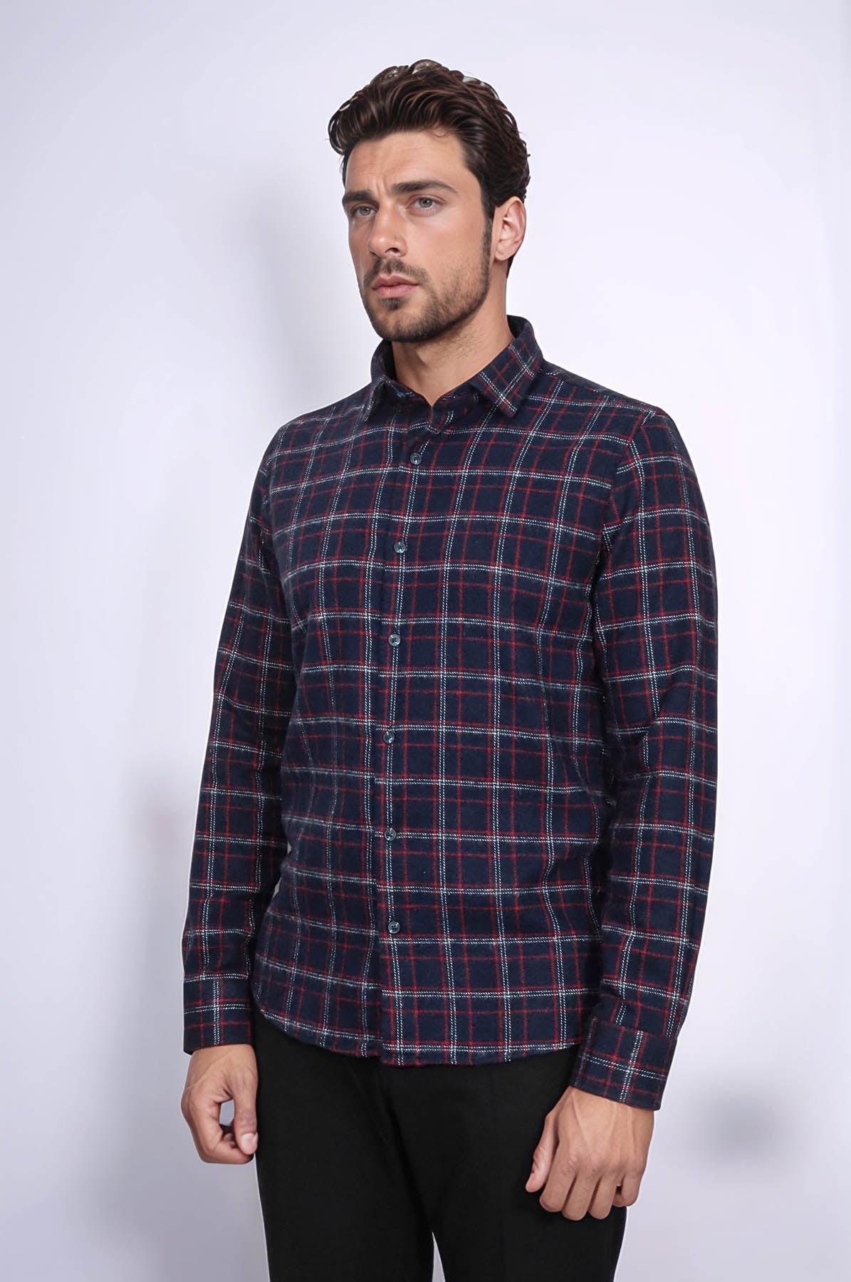 Thick Patterned Navy Blue Men Lumberjack Shirt