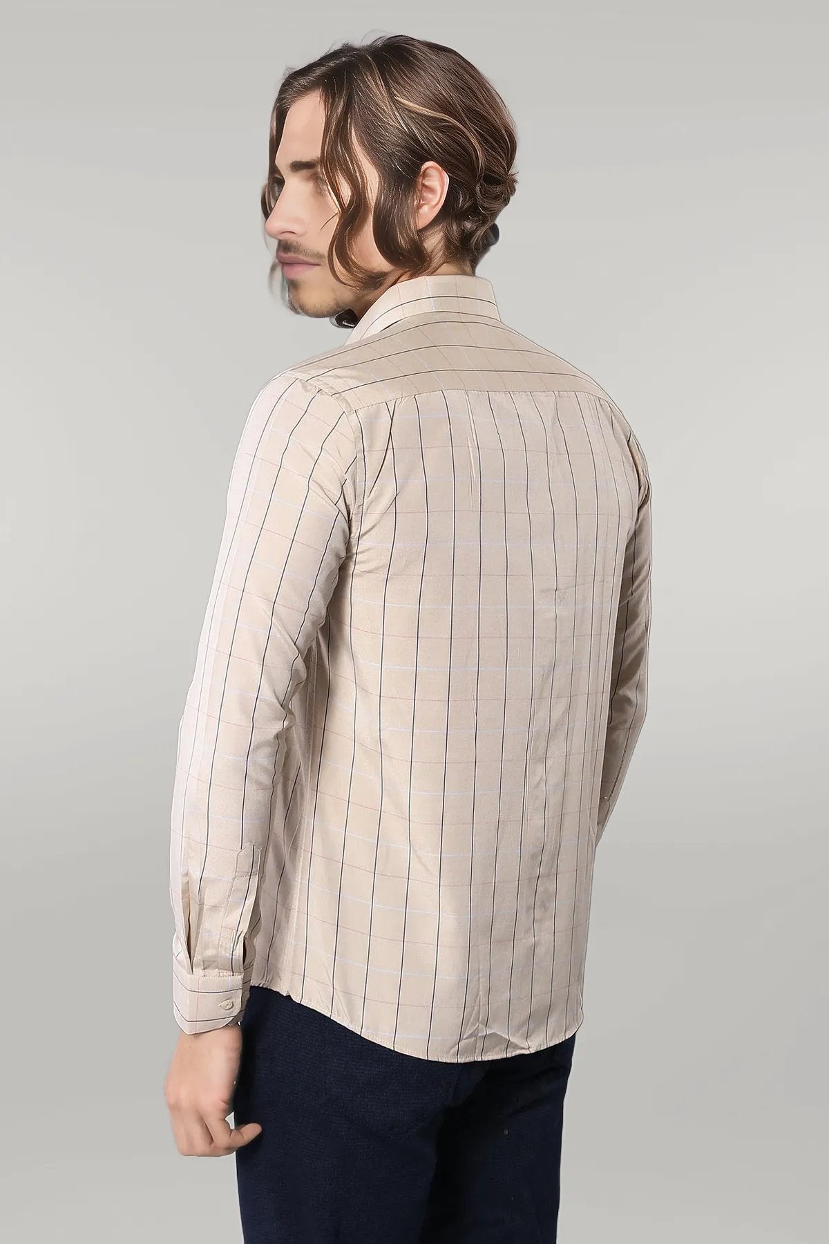 Beige Slim Fit Plaid Men's Shirt