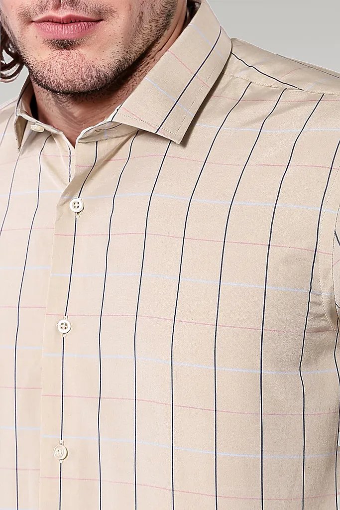 Beige Slim Fit Plaid Men's Shirt