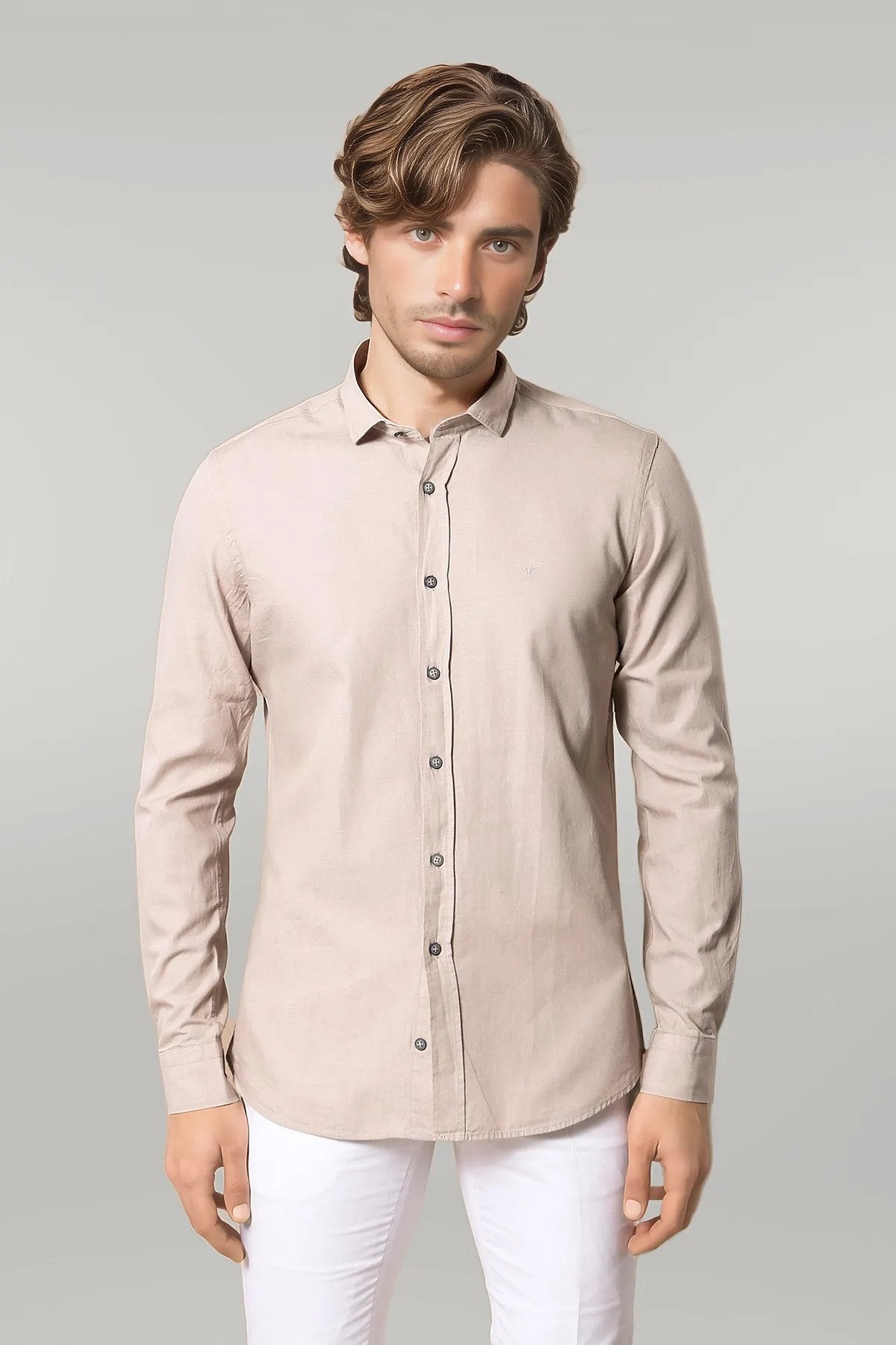 Patterned Cotton Slim Fit Beige Shirt