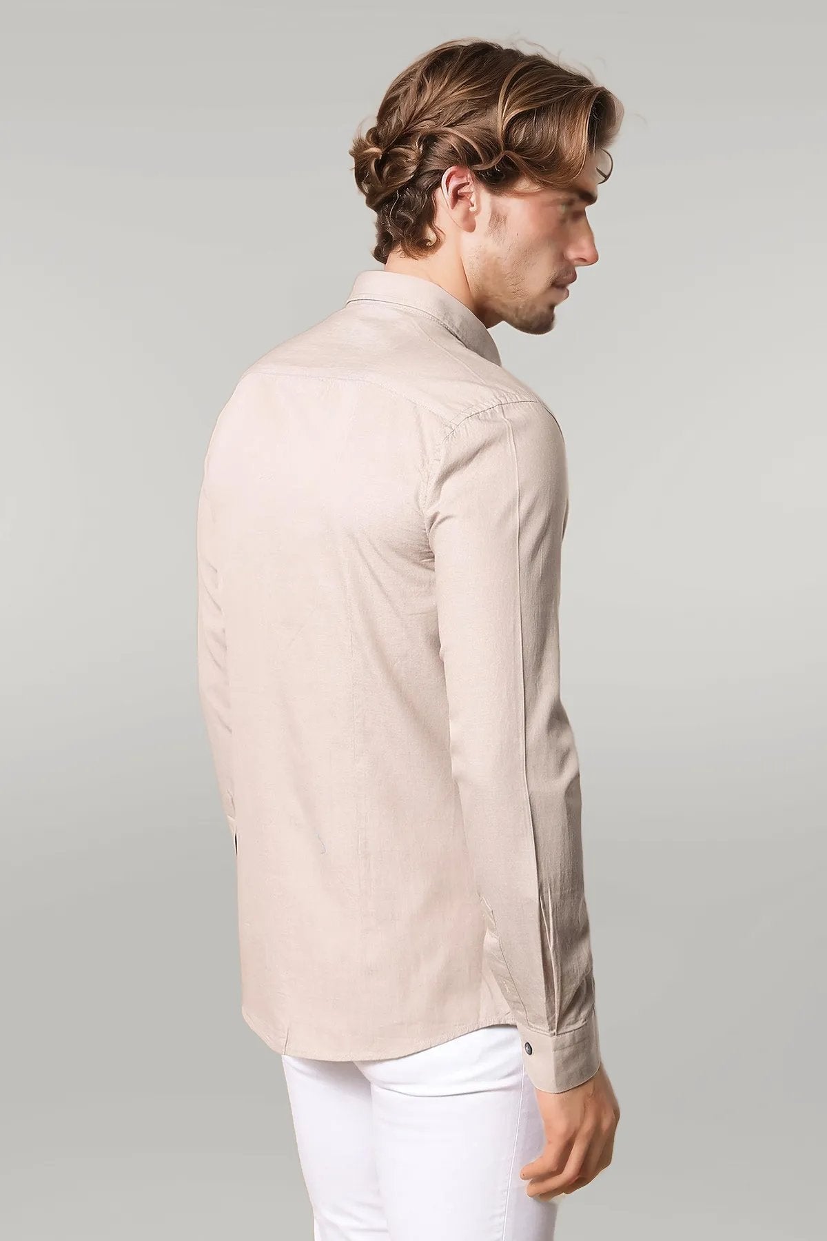 Patterned Cotton Slim Fit Beige Shirt