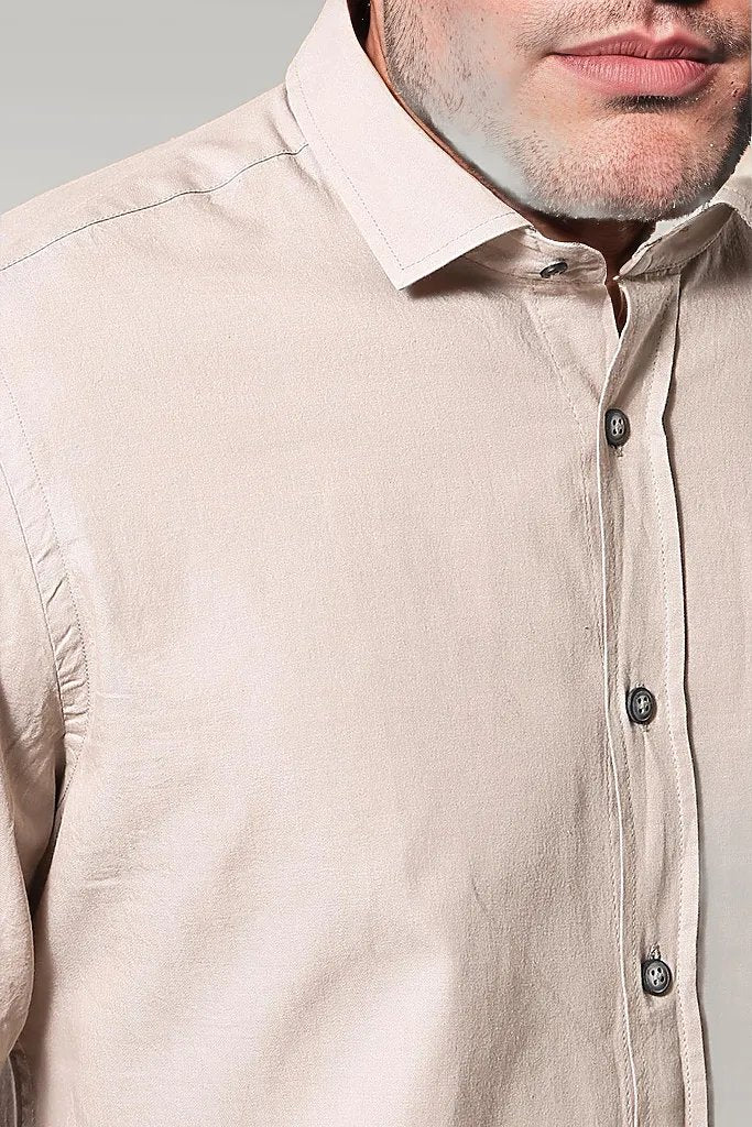 Patterned Cotton Slim Fit Beige Shirt