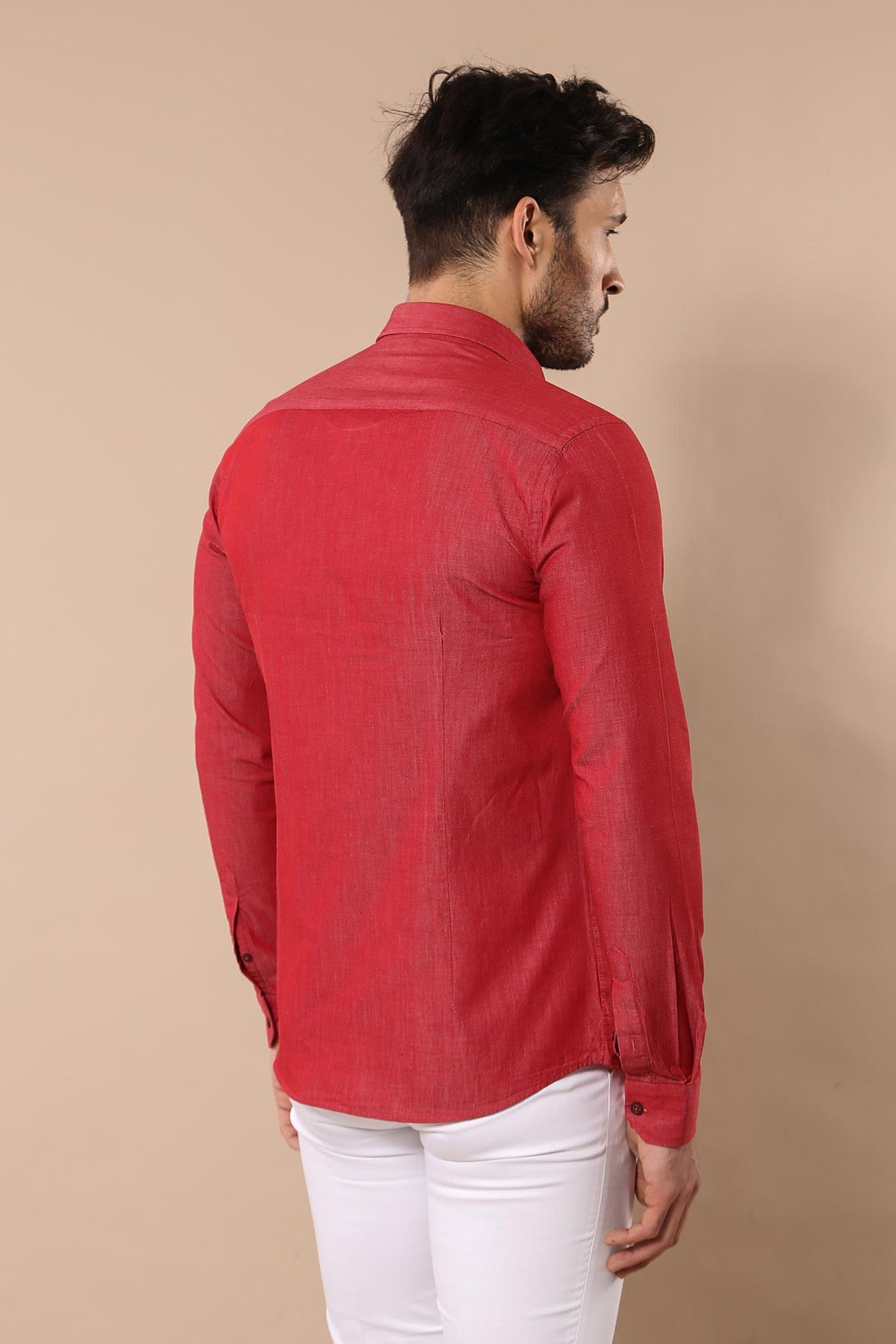 Patterned Cotton Slim Fit Burgundy Shirt