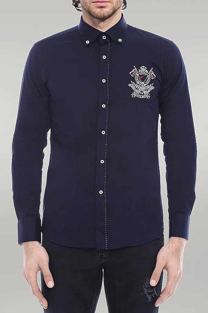 Emblemed Long Sleeve Navy Blue Shirt