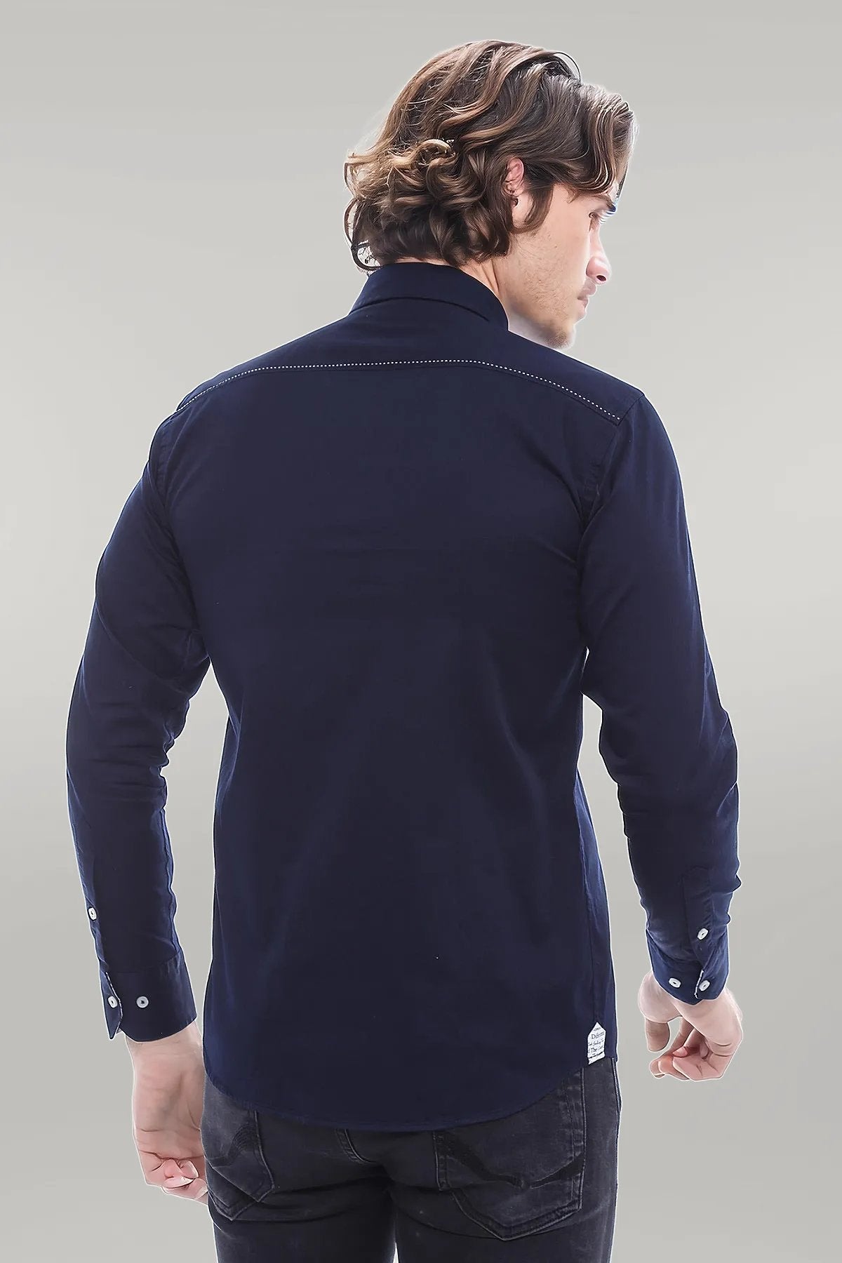 Emblemed Long Sleeve Navy Blue Shirt