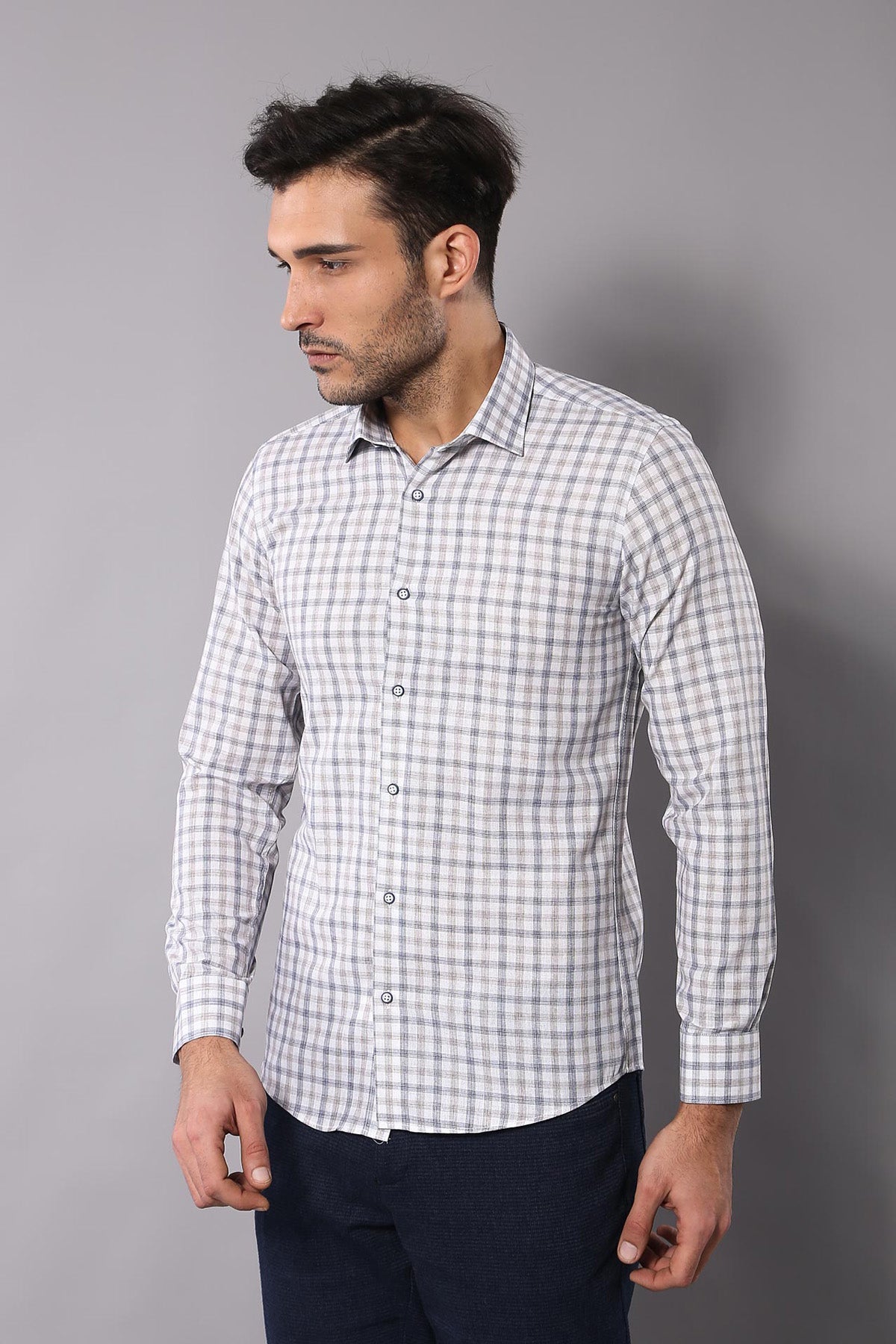 Cream Slim Fit Check Men's Shirt