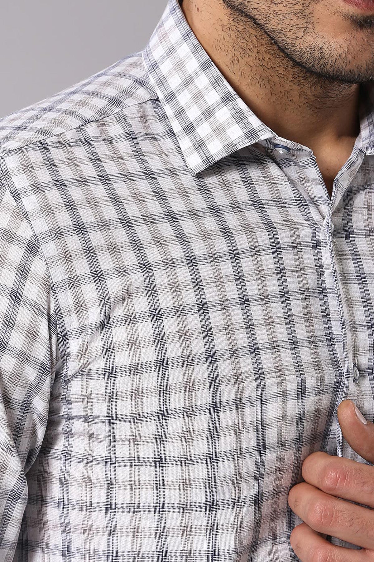 Cream Slim Fit Check Men's Shirt