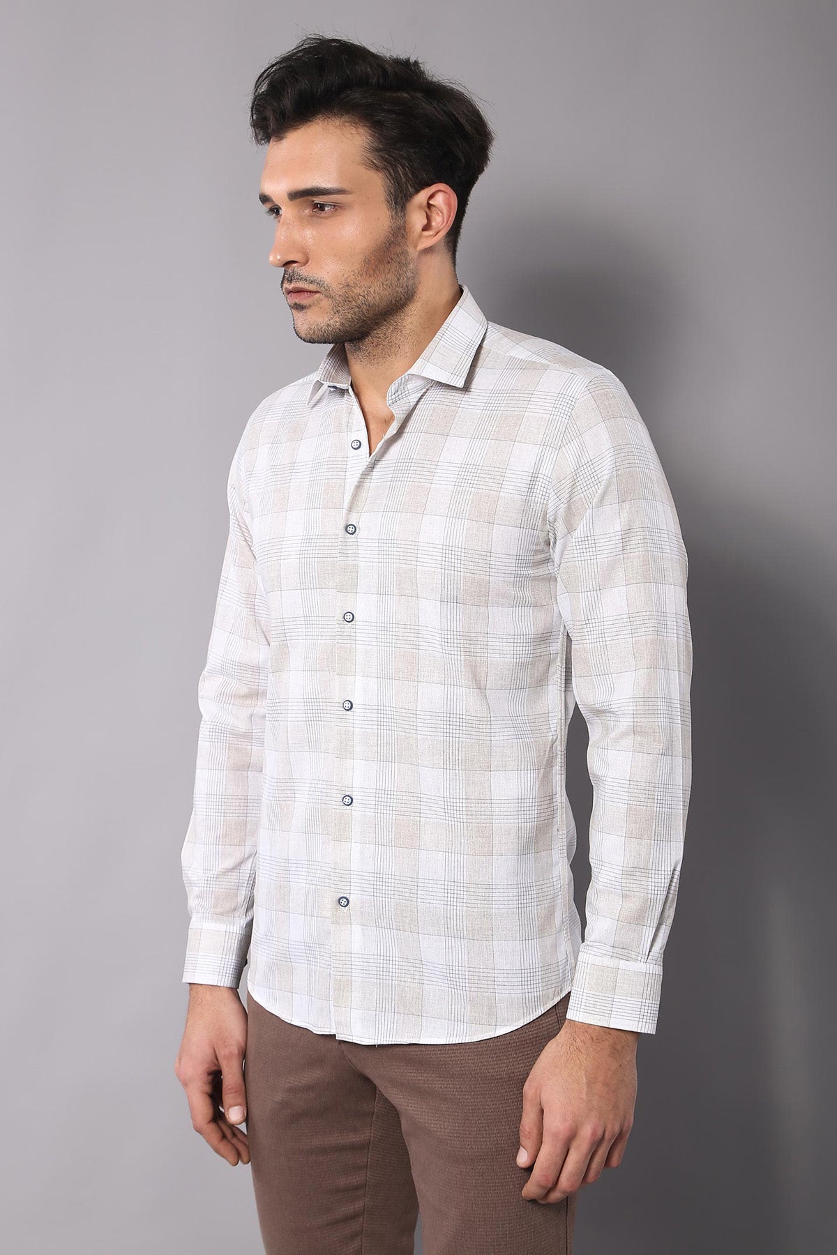 Slim Fit Checked Beige Shirt -