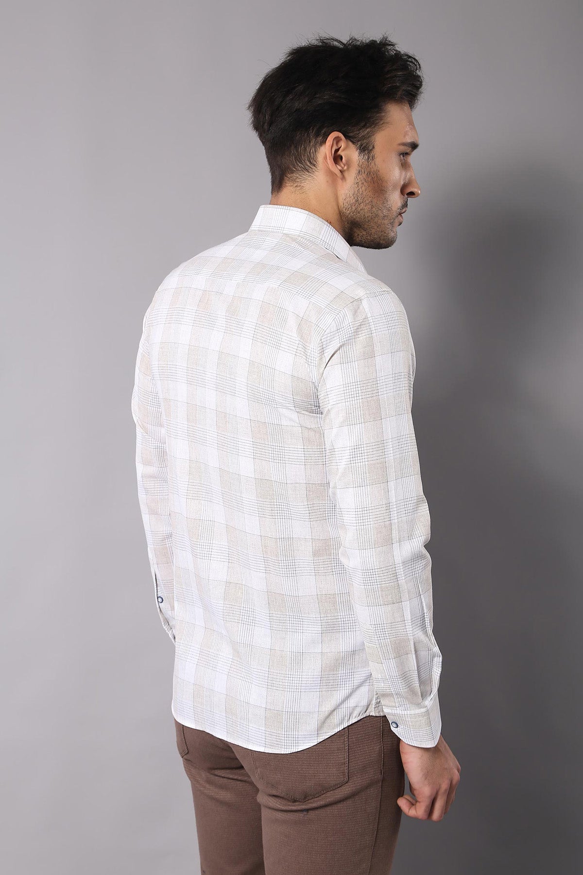Slim Fit Checked Beige Shirt -