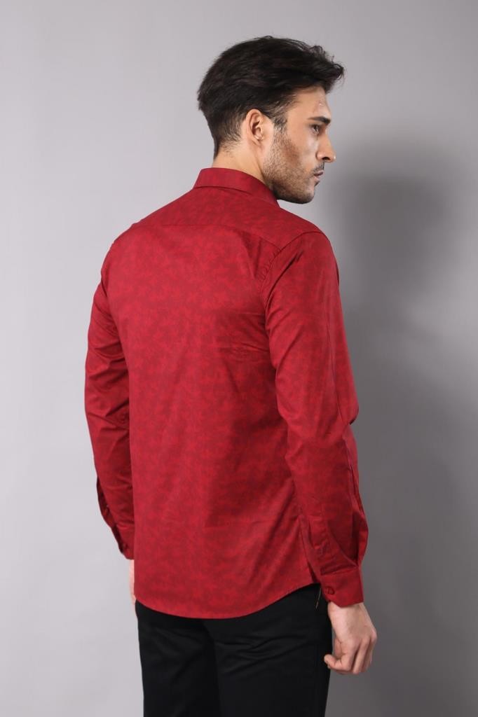 KOALA SYDNEY Burgundy Slimfit Shirt with Self Flower Pattern