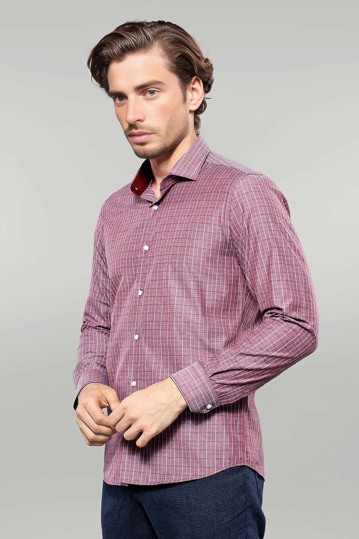 Slim-Fit Burgundy Plaid Shirt