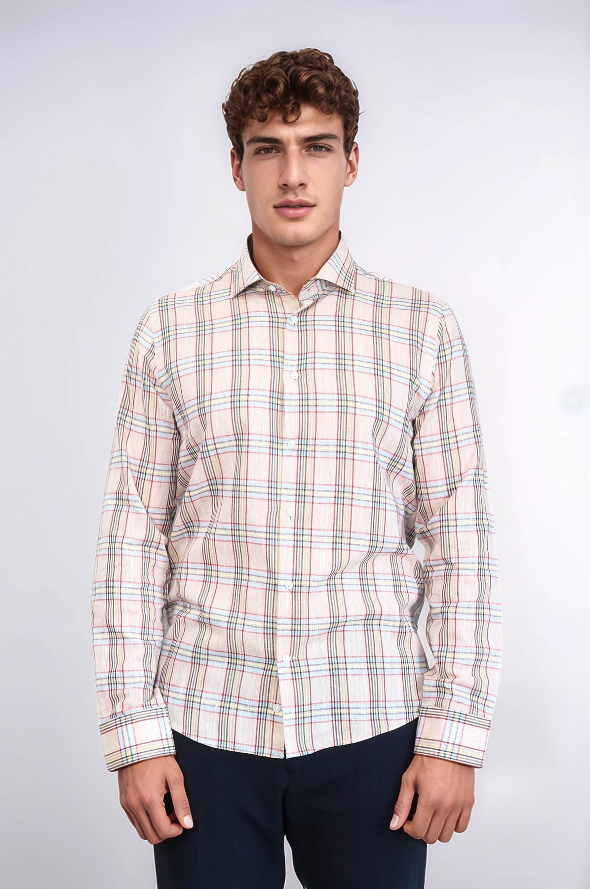 Beige Plaid Slim-Fit Shirt