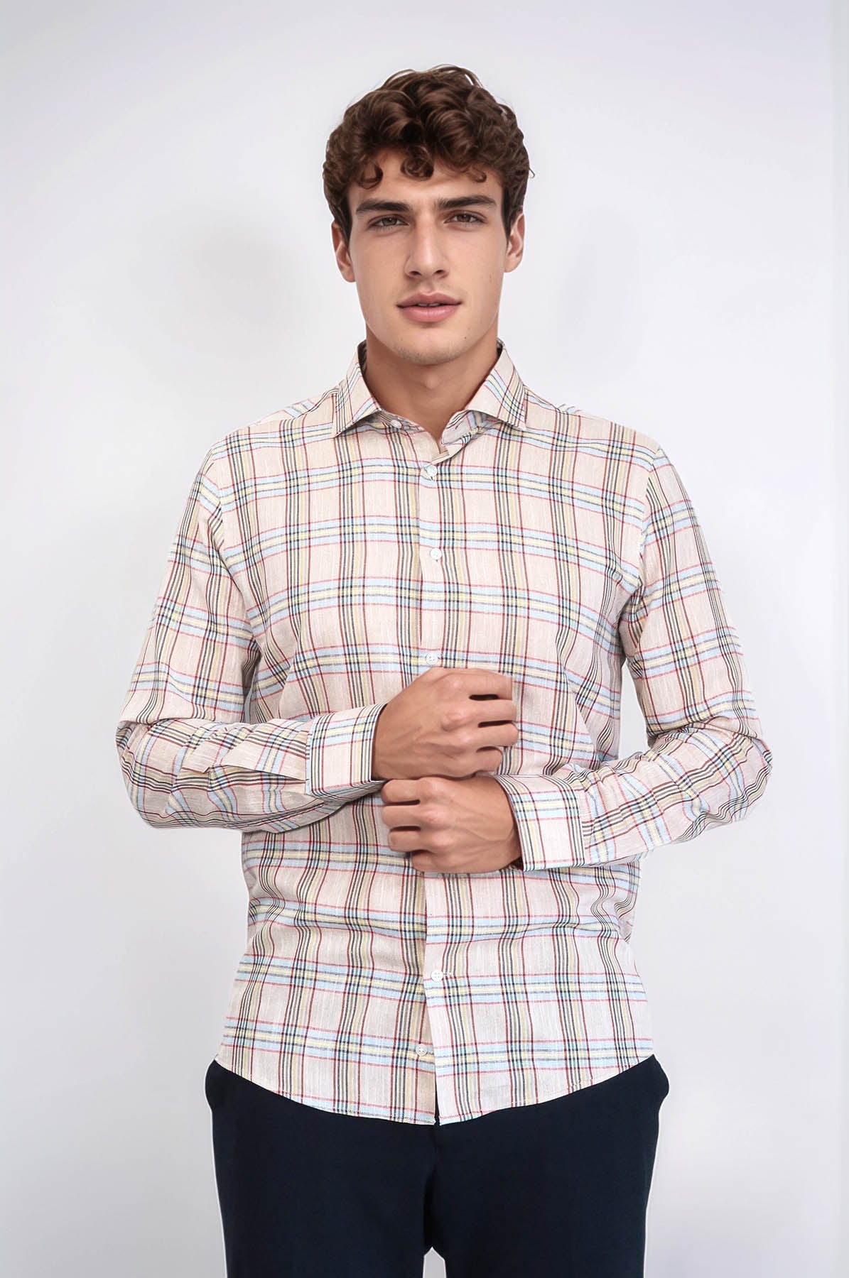 Beige Plaid Slim-Fit Shirt