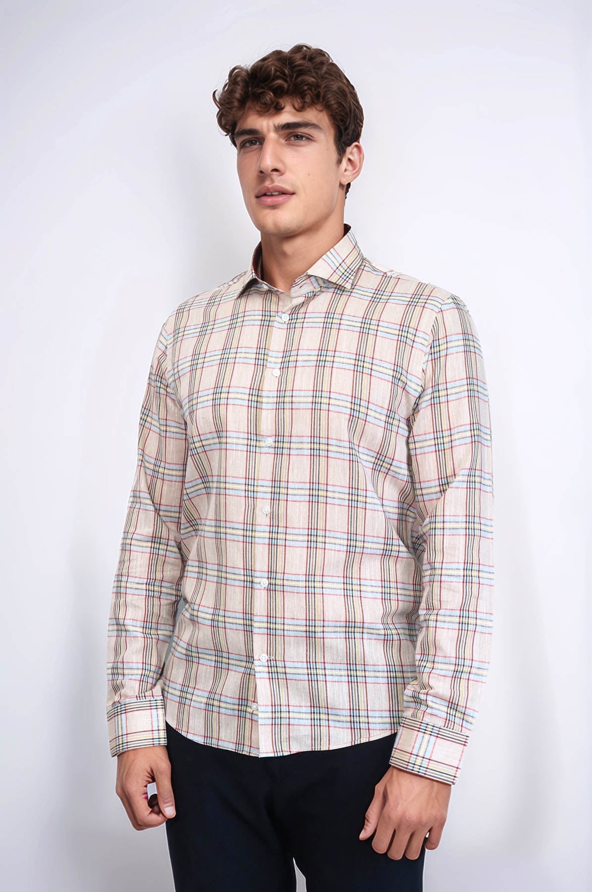 Beige Plaid Slim-Fit Shirt