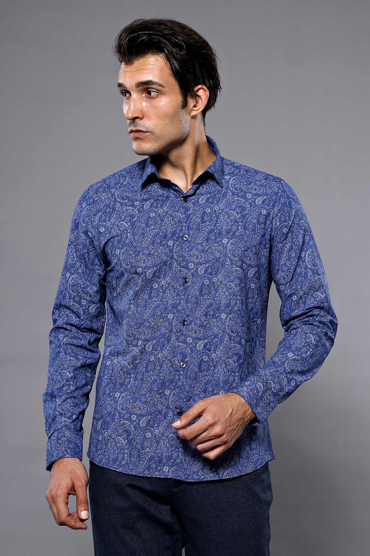 Damask Pattern Long Sleeves Men Blue Shirt -