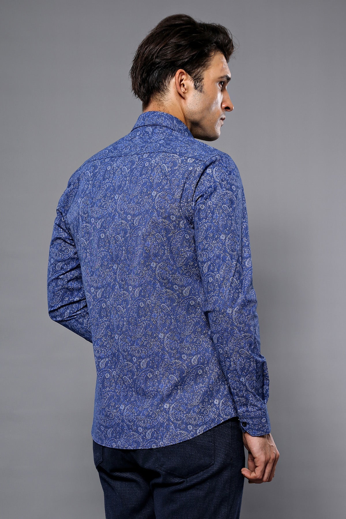 Damask Pattern Long Sleeves Men Blue Shirt