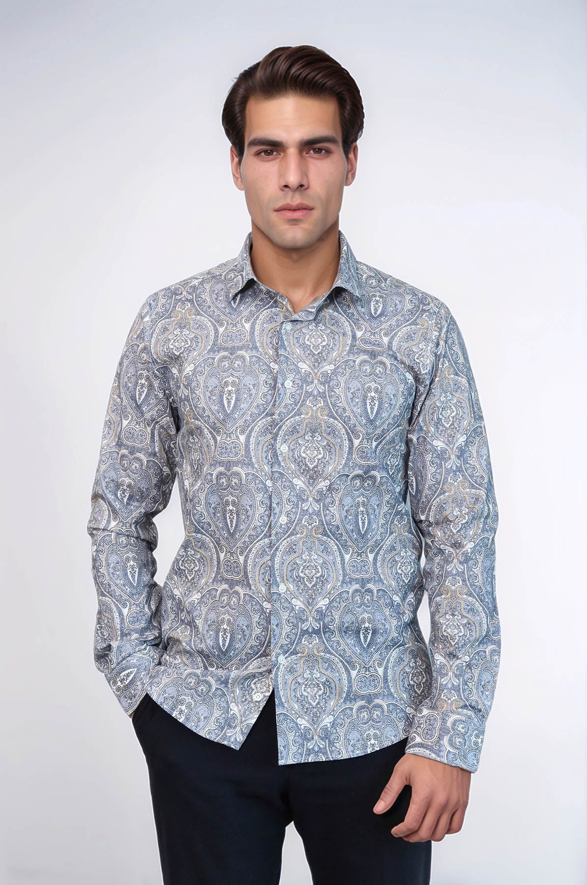 KOALA SYDNEY Damask Pattern Blue Slim Fit Shirt