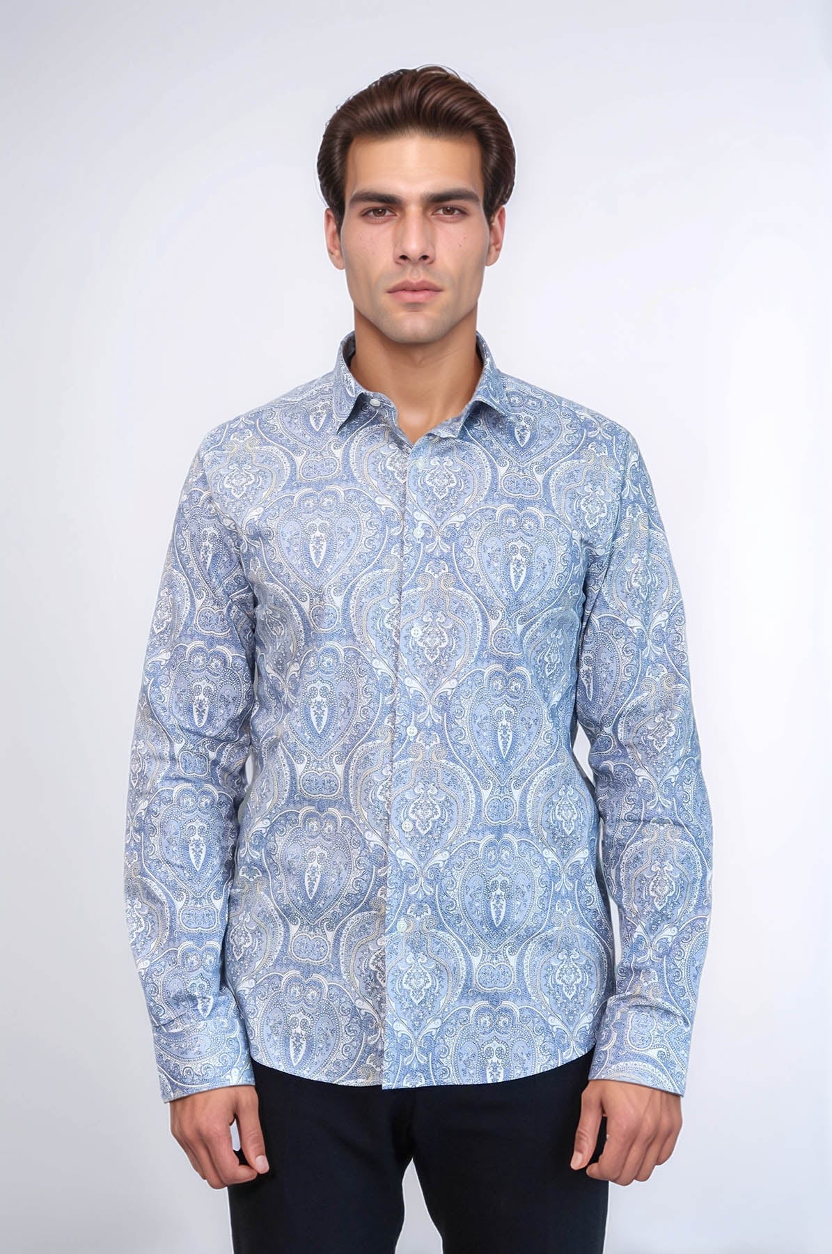 KOALA SYDNEY Blue Damask Pattern Slim Fit Shirt