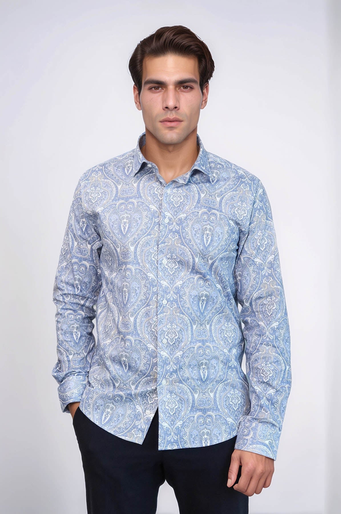 KOALA SYDNEY Blue Damask Pattern Slim Fit Shirt