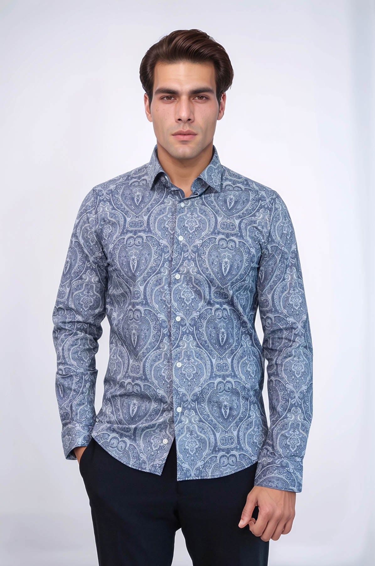 Blue Patterned Slim Fit Men's Shirt