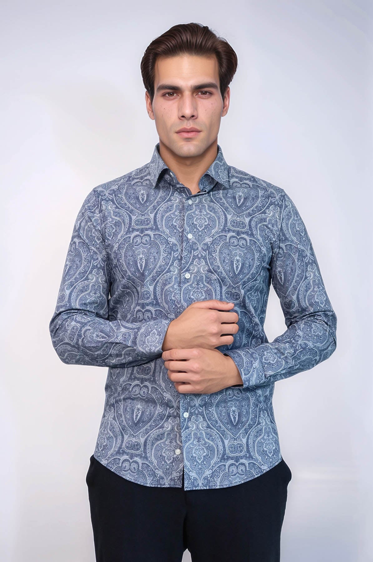 Blue Patterned Slim Fit Men's Shirt