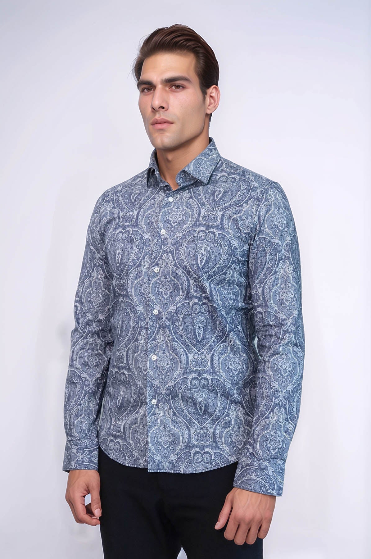Blue Patterned Slim Fit Men's Shirt