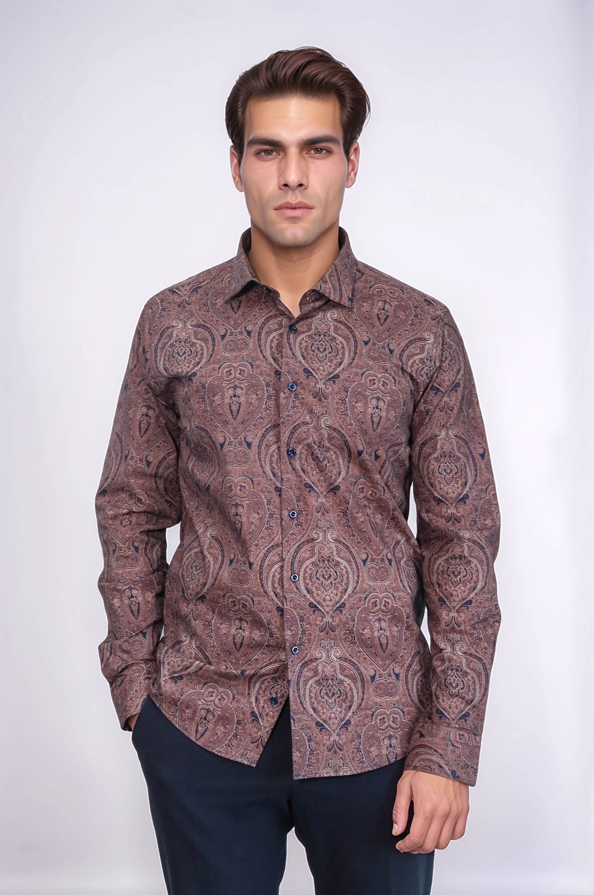 Brown Patterned Slim Fit Men's Shirt - Wessi
