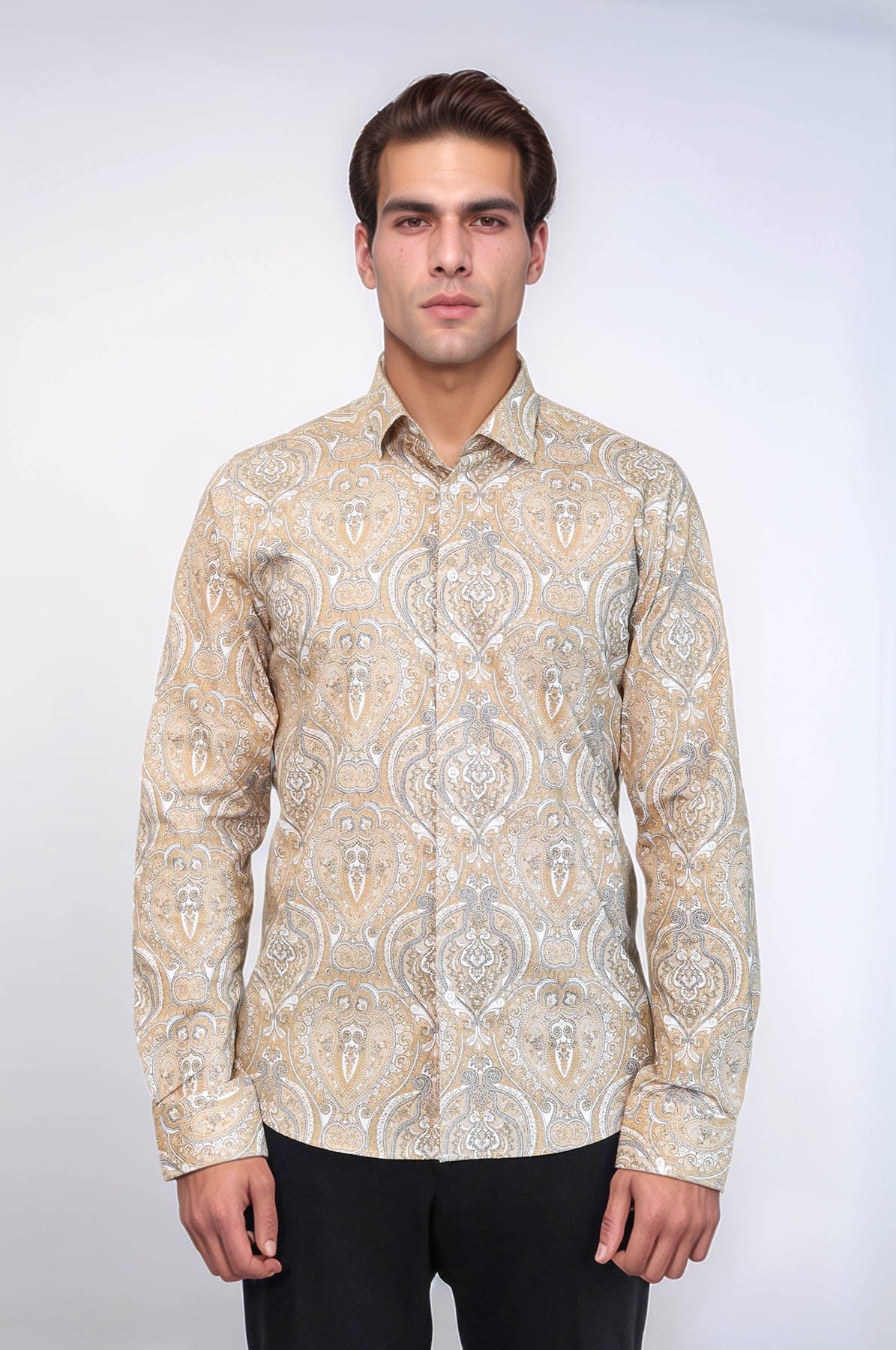 Beige Patterned Slim Fit Men's Shirt - Wessi