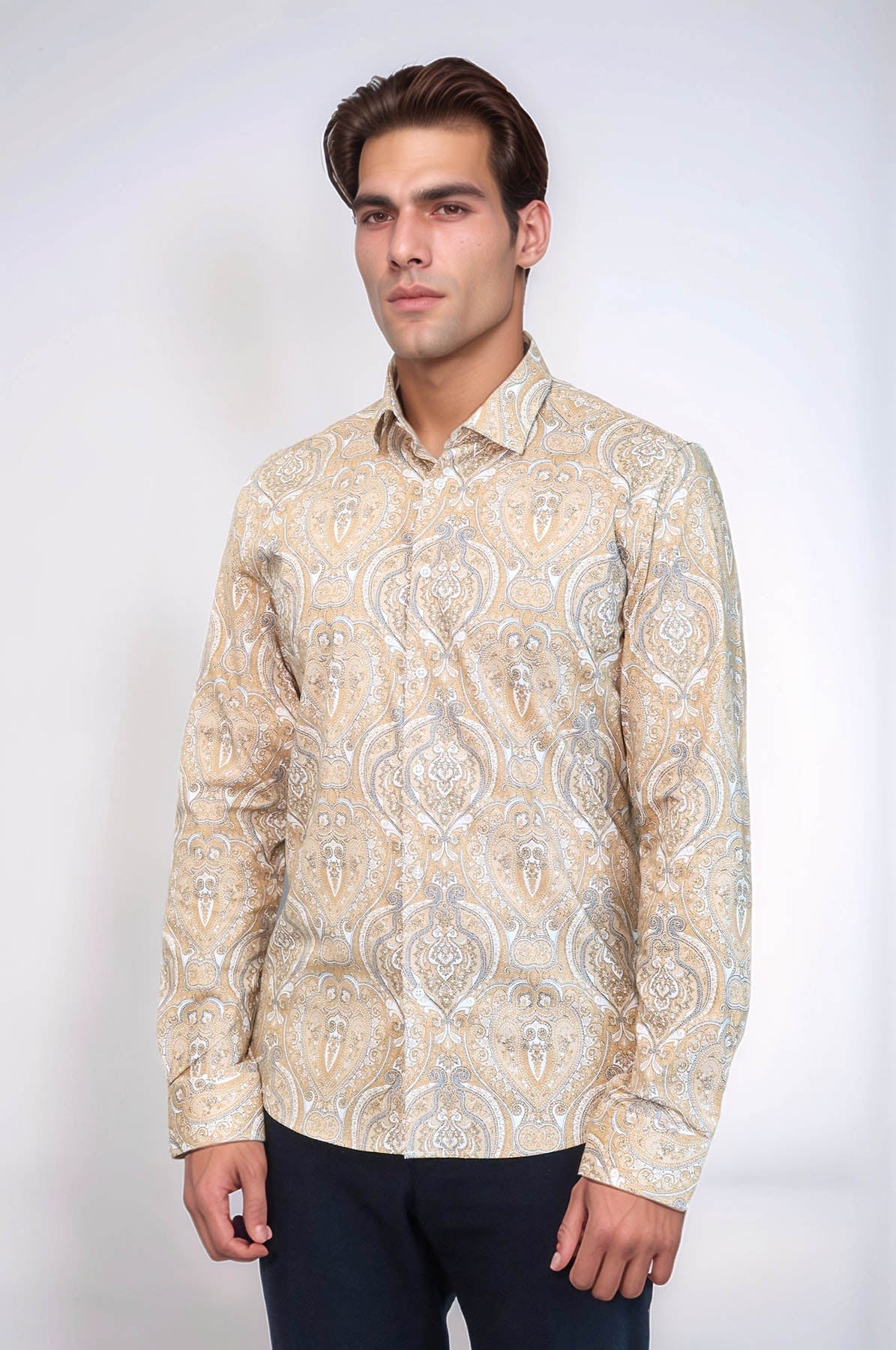 Beige Patterned Slim Fit Men's Shirt - Wessi