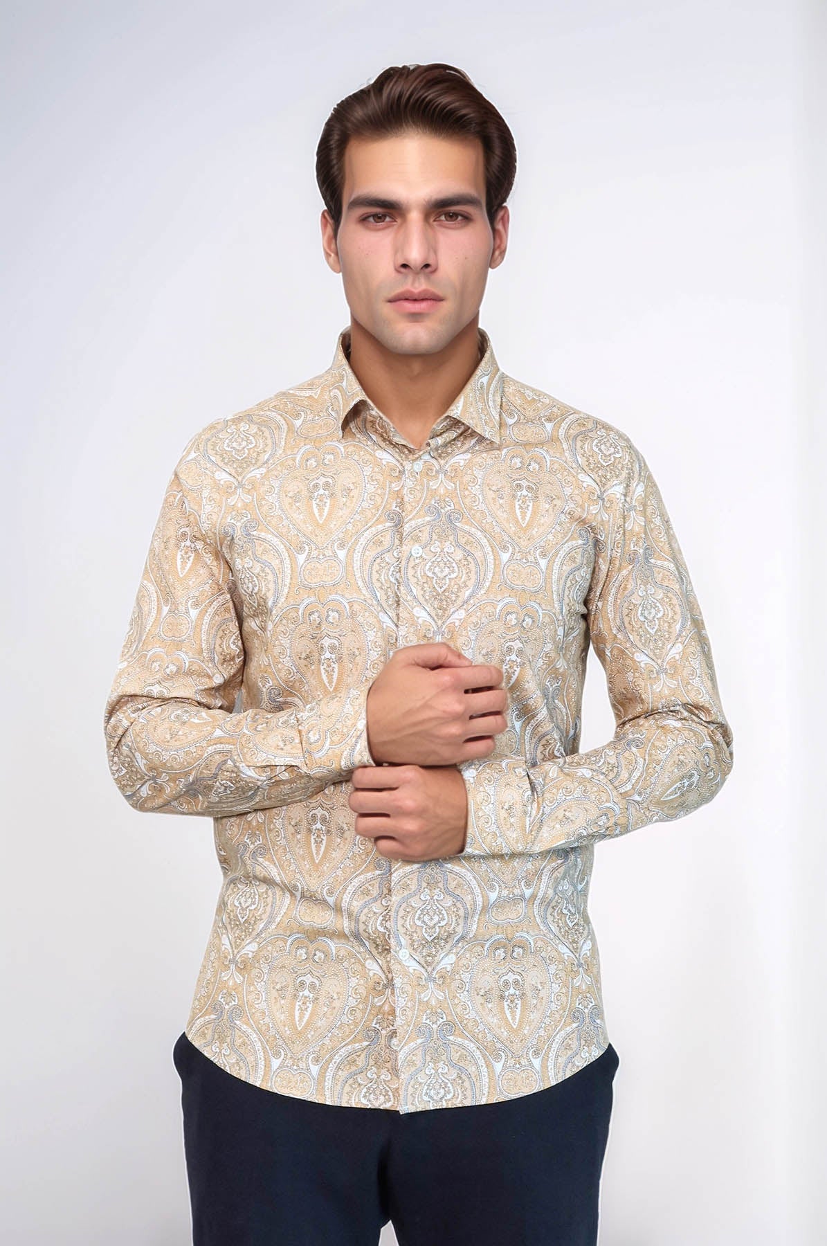 Beige Patterned Slim Fit Men's Shirt