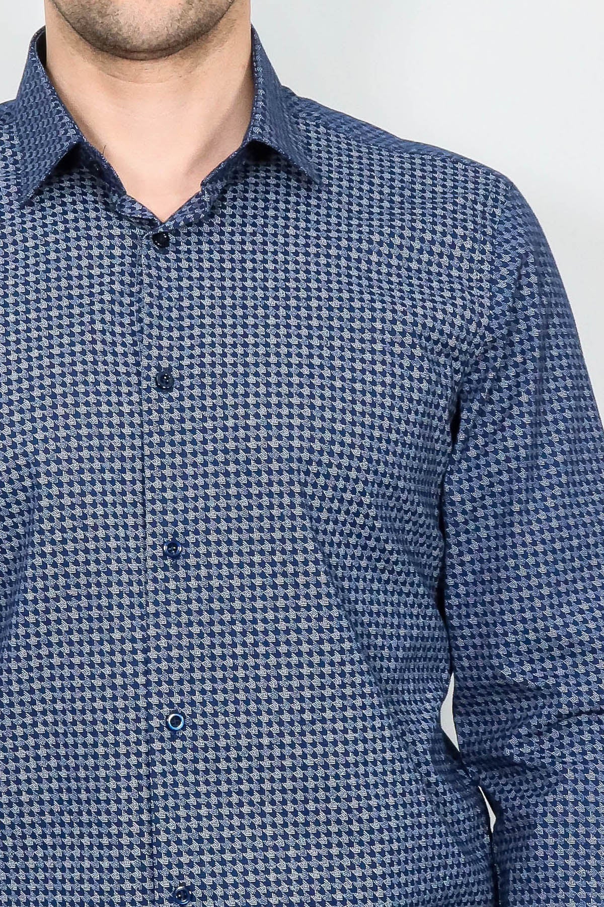 Houndstooth Pattern Slim Fit Navy Blue Men Shirt