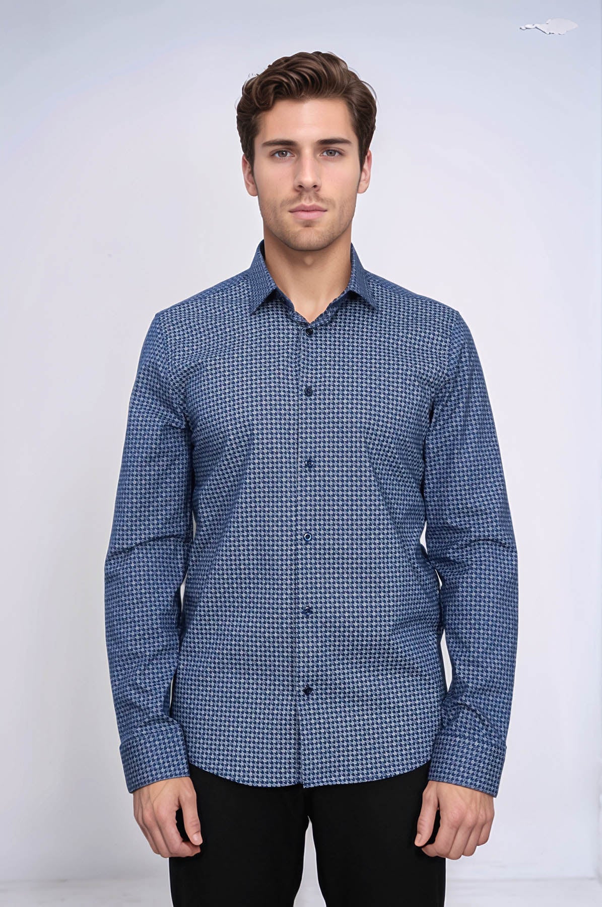 Houndstooth Pattern Slim Fit Navy Blue Men Shirt