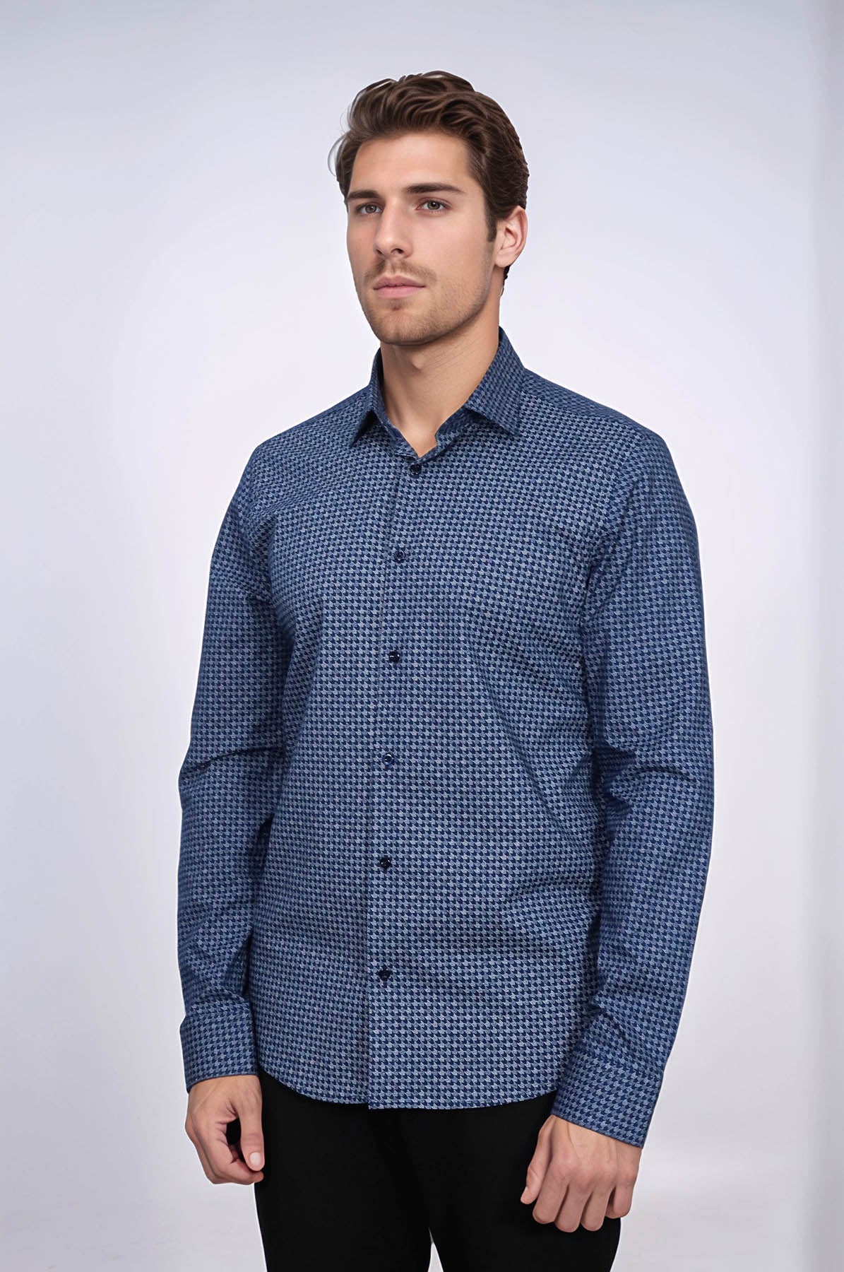 Houndstooth Pattern Slim Fit Navy Blue Men Shirt
