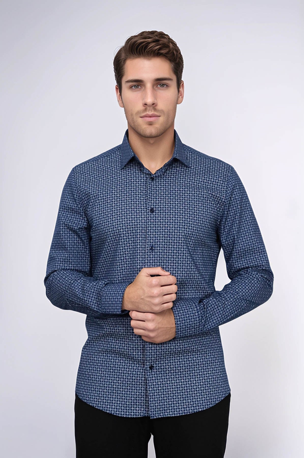 Houndstooth Pattern Slim Fit Navy Blue Men Shirt