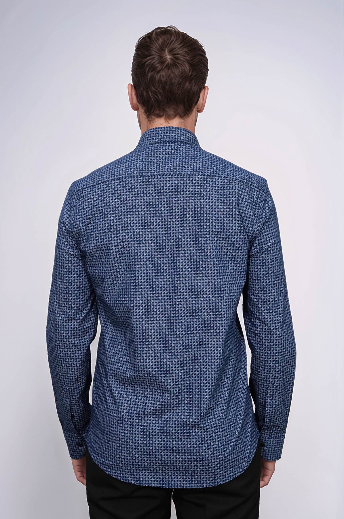 Houndstooth Pattern Slim Fit Navy Blue Men Shirt