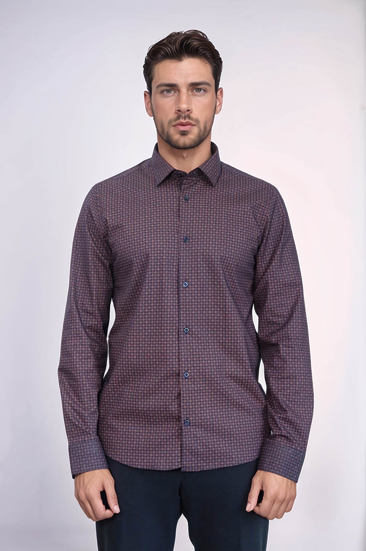 Houndstooth Pattern Slim Fit Brown Men Shirt