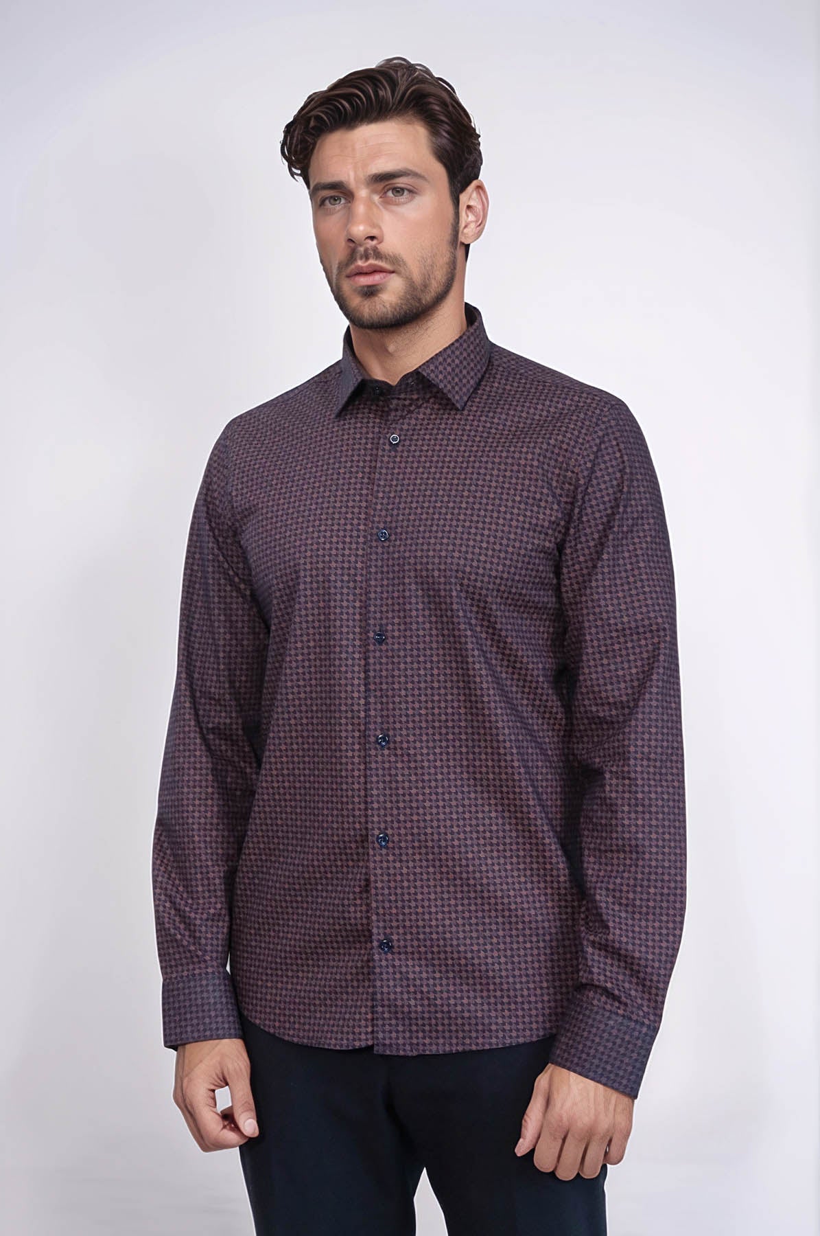 Houndstooth Pattern Slim Fit Brown Men Shirt