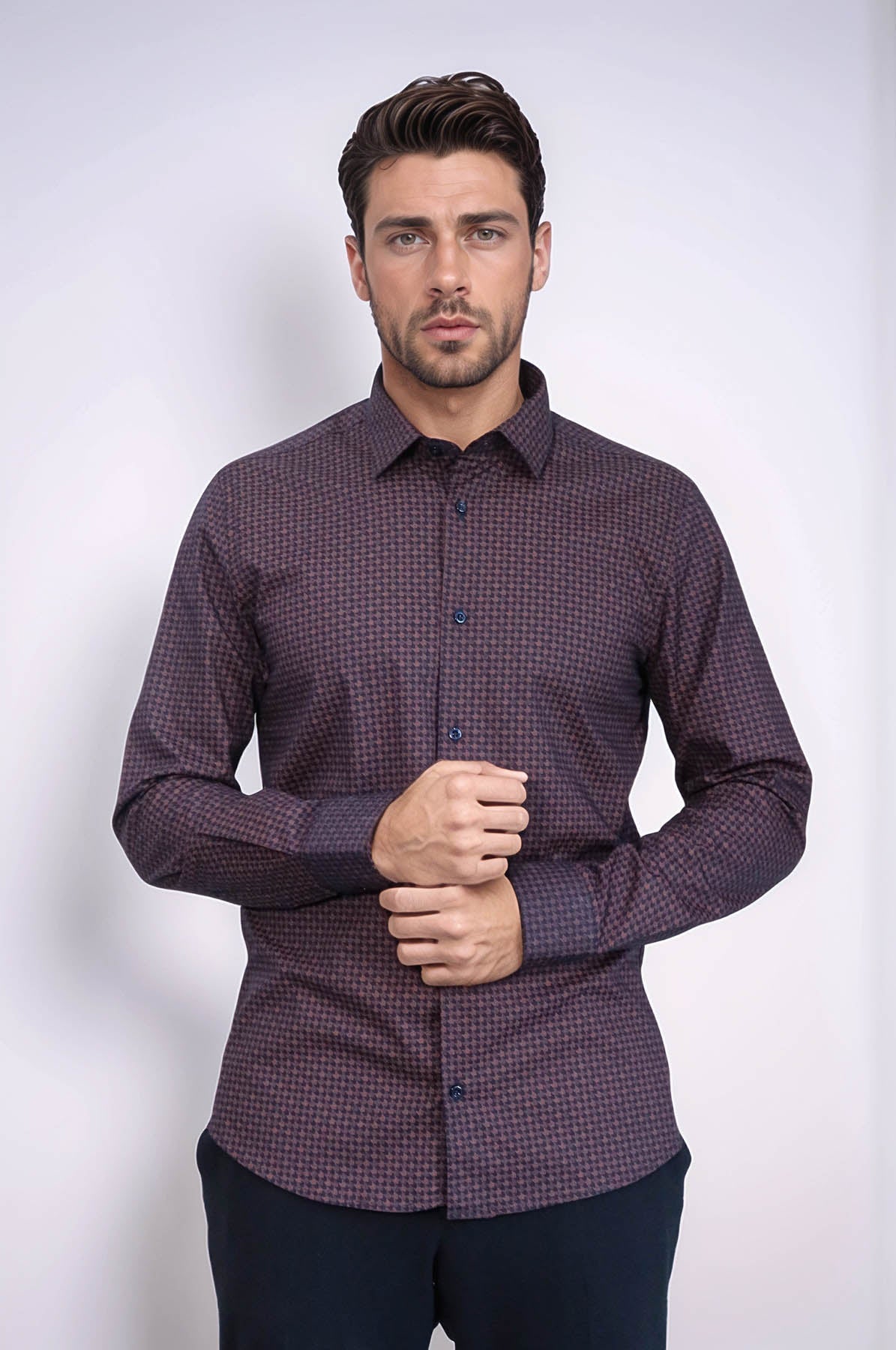 Houndstooth Pattern Slim Fit Brown Men Shirt